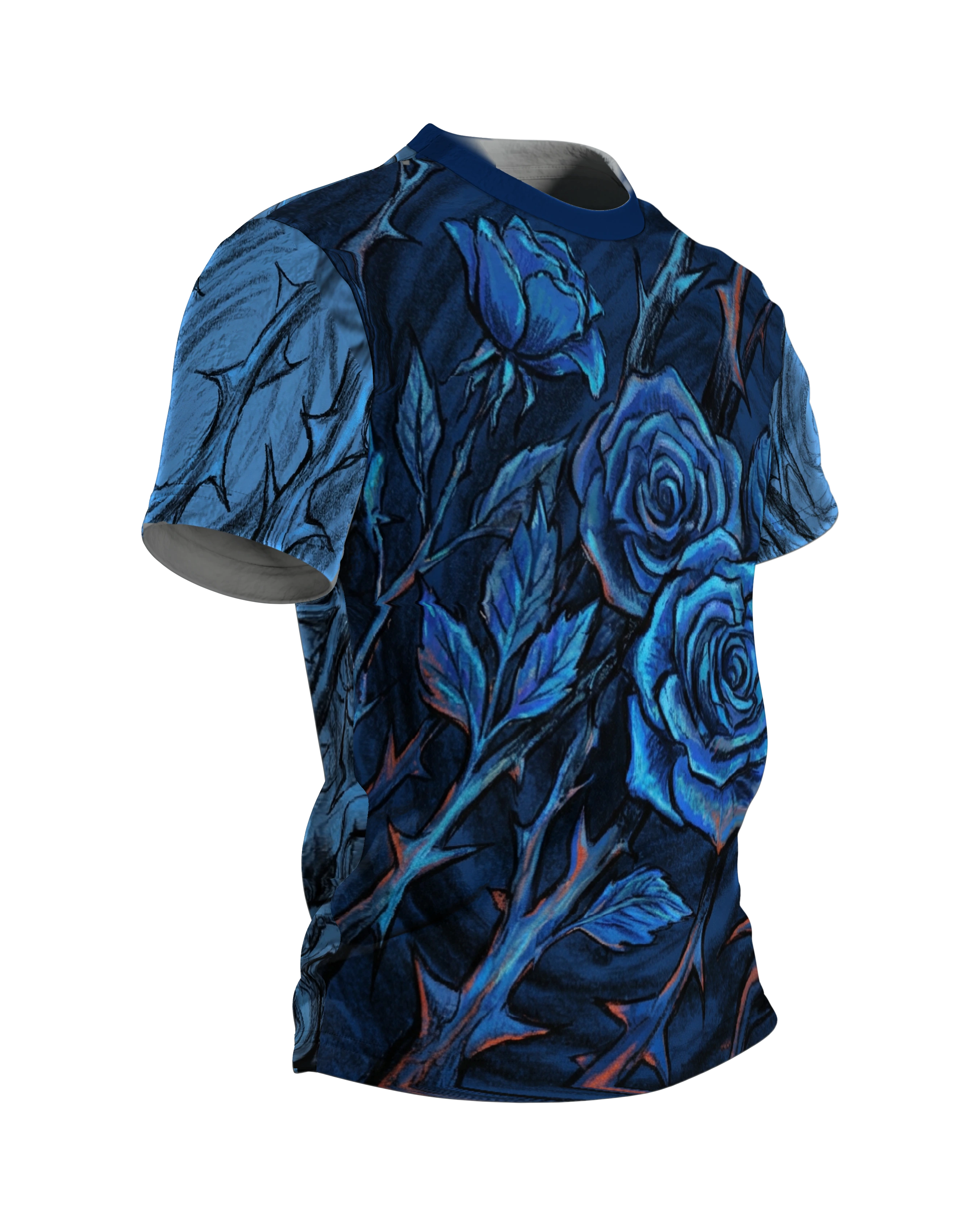 Rosen Dornen T-Shirt, Kreidezeichnung mit Indigo-Blüten und Blick von unten am Rücken, Seitenansicht links