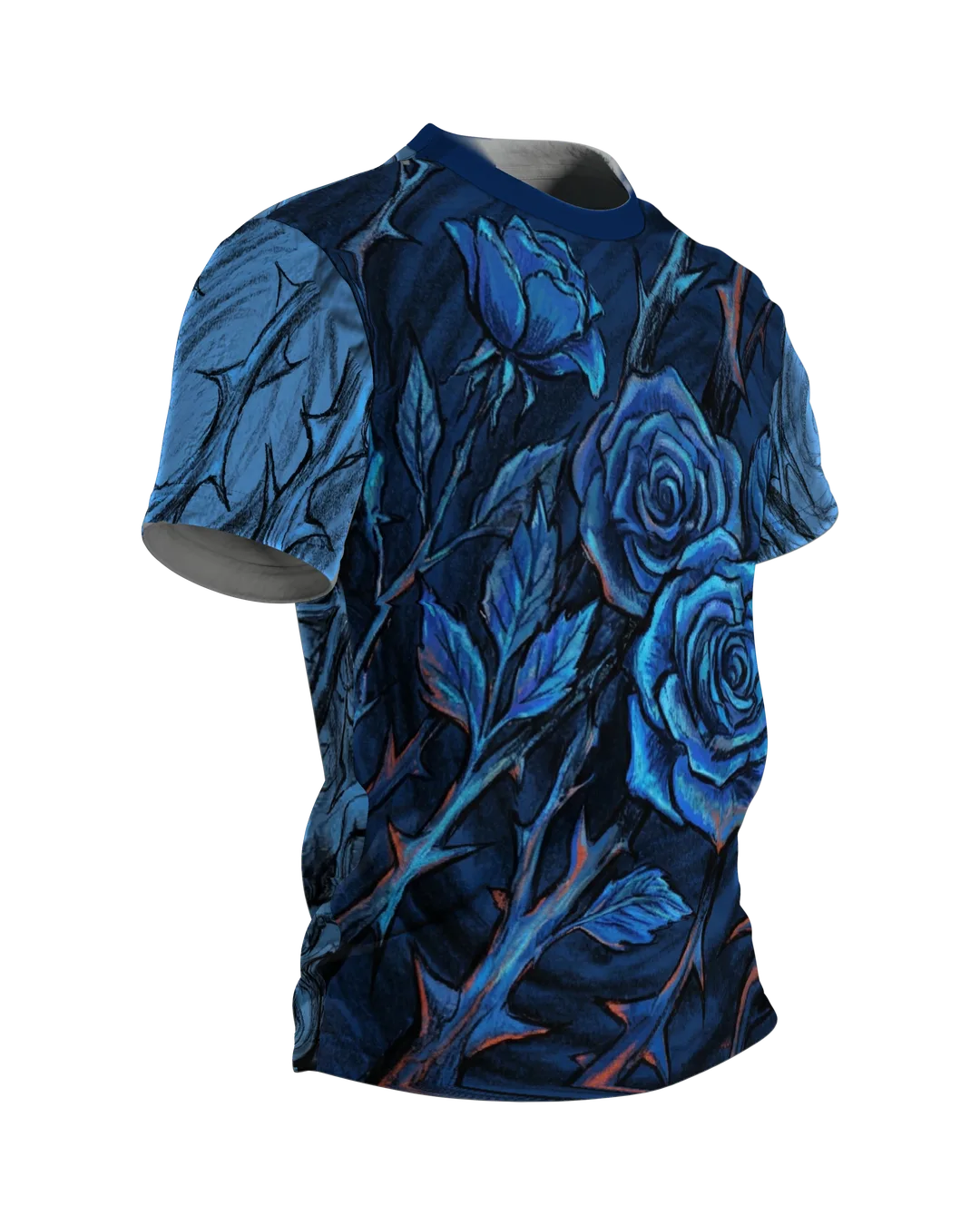 Rosen Dornen T-Shirt, Kreidezeichnung mit Indigo-Blüten und Blick von unten am Rücken, Seitenansicht links