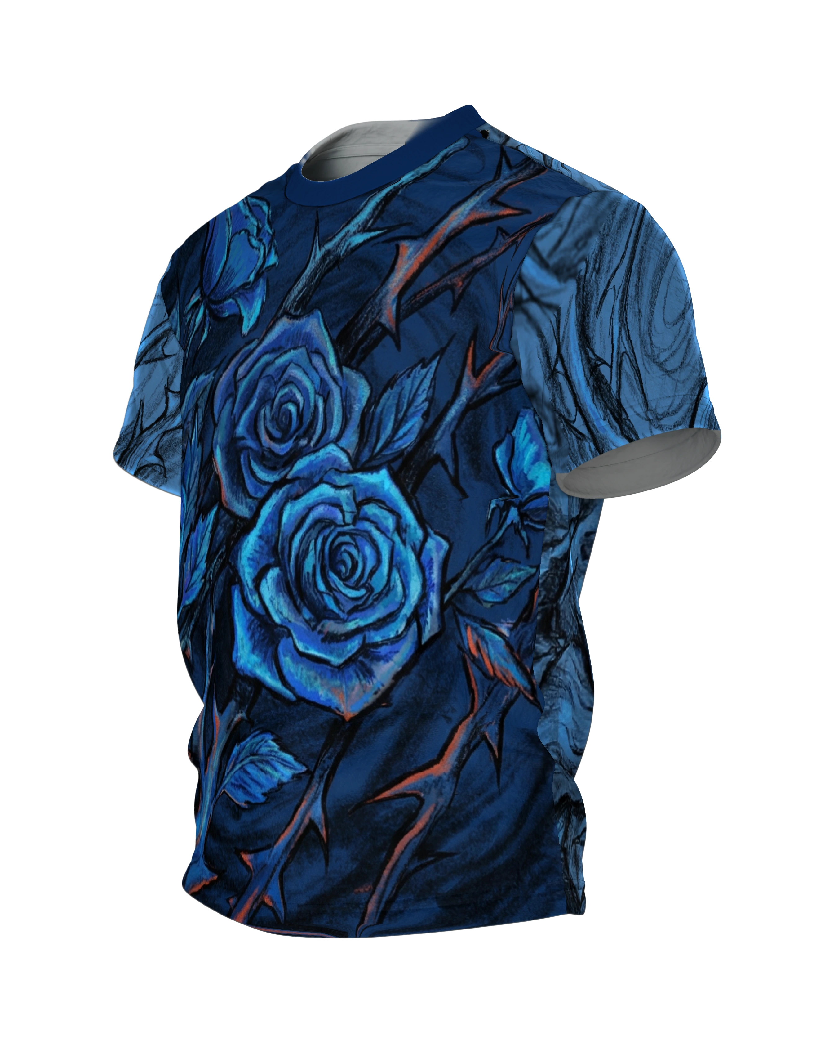 Rosen Dornen T-Shirt, Kreidezeichnung mit Indigo-Blüten und Blick von unten am Rücken, Seitenansicht rechts