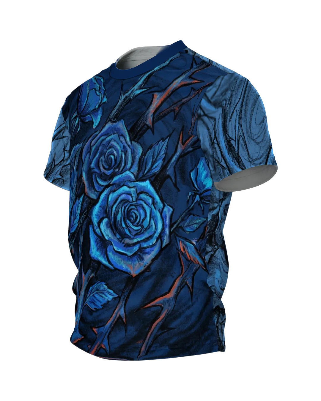 Rosen Dornen T-Shirt, Kreidezeichnung mit Indigo-Blüten und Blick von unten am Rücken, Seitenansicht rechts