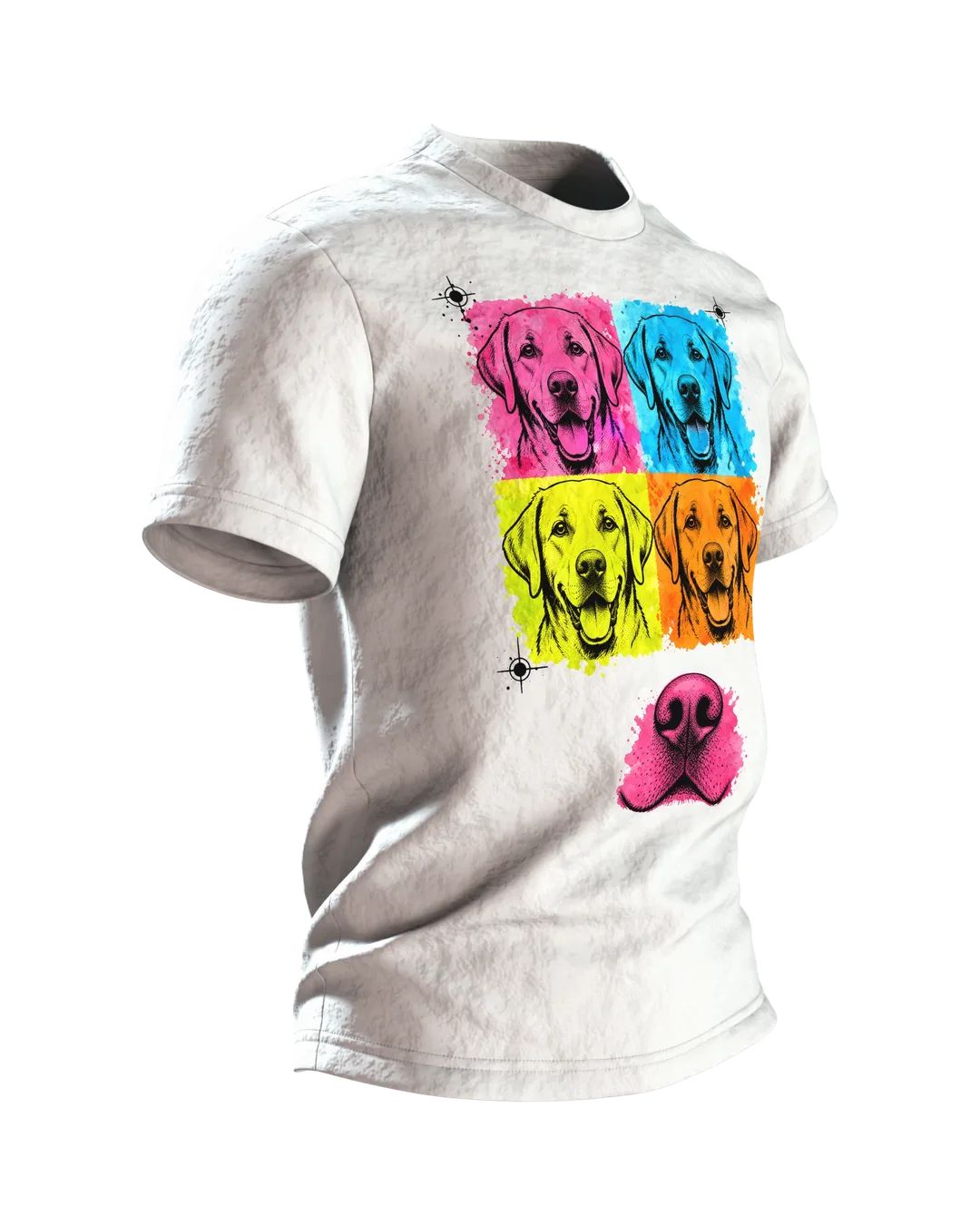 Labrador T-Shirt, Pop-Art Vierfach-Porträt mit rosa Schnauzen-Rücken, Seitenansicht links