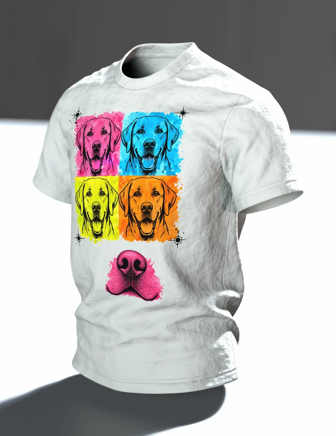 Labrador T-Shirt, Pop-Art Vierfach-Porträt mit rosa Schnauzen-Rücken, Im Raum, schräg