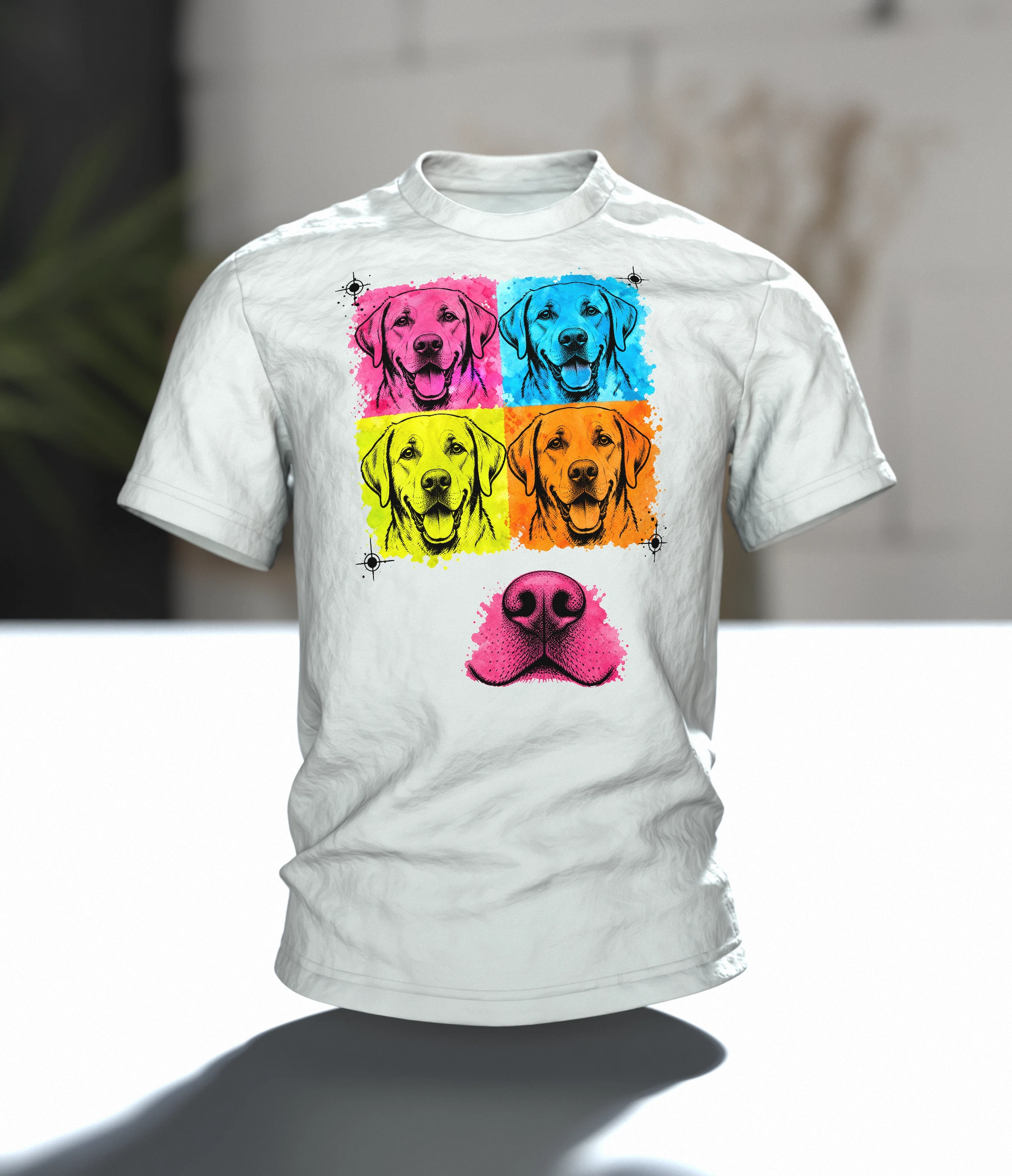 Labrador T-Shirt, Pop-Art Vierfach-Porträt mit rosa Schnauzen-Rücken, Im Raum