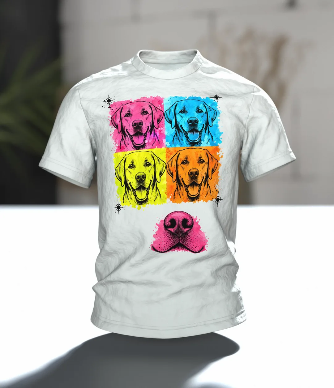 Labrador T-Shirt, Pop-Art Vierfach-Porträt mit rosa Schnauzen-Rücken, Im Raum