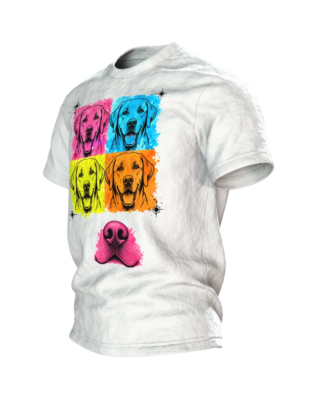 Labrador T-Shirt, Pop-Art Vierfach-Porträt mit rosa Schnauzen-Rücken, Seitenansicht rechts