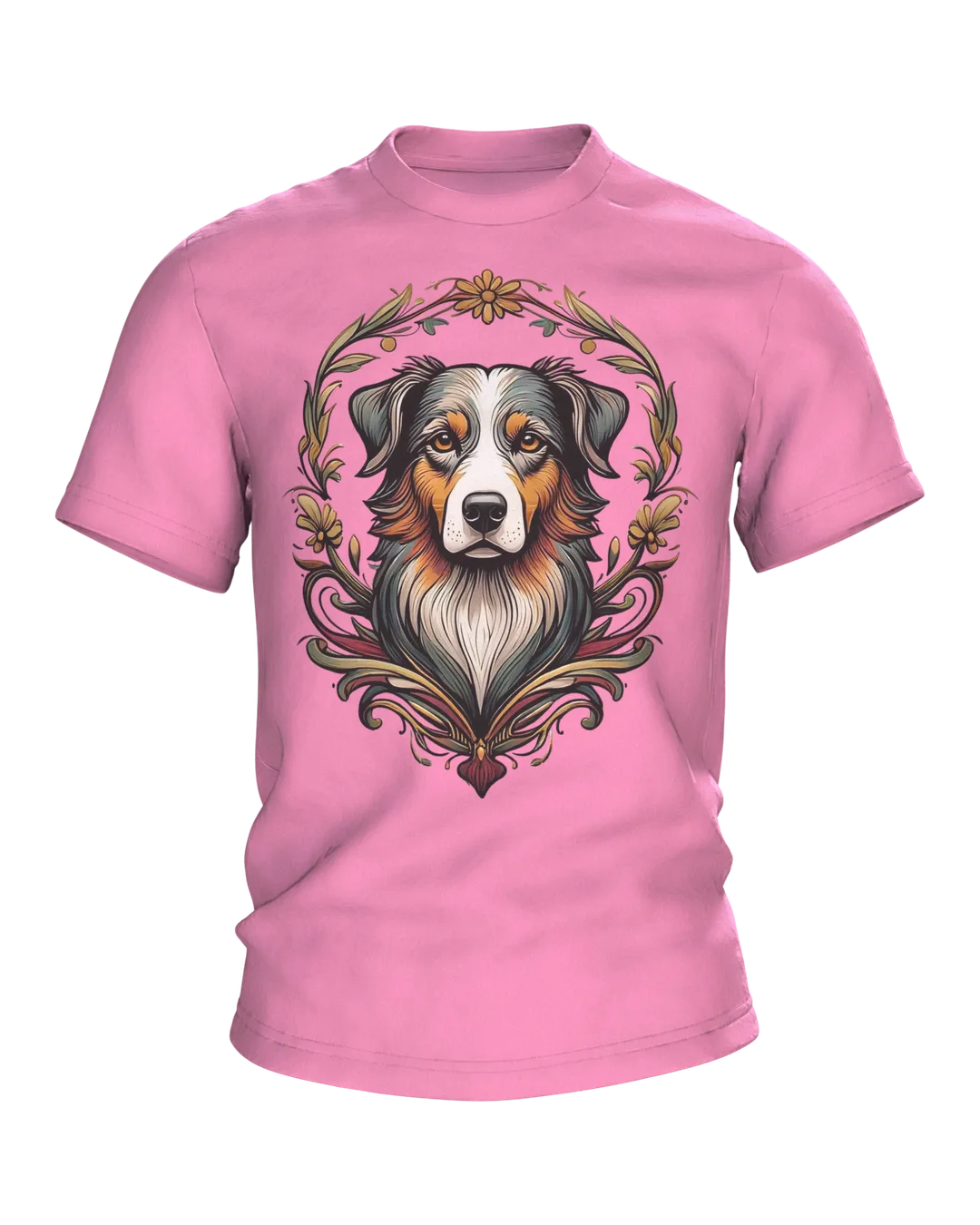 Australian Shepherd T-Shirt, Porträt im Jugendstil-Kranz mit Sonnen-Rücken