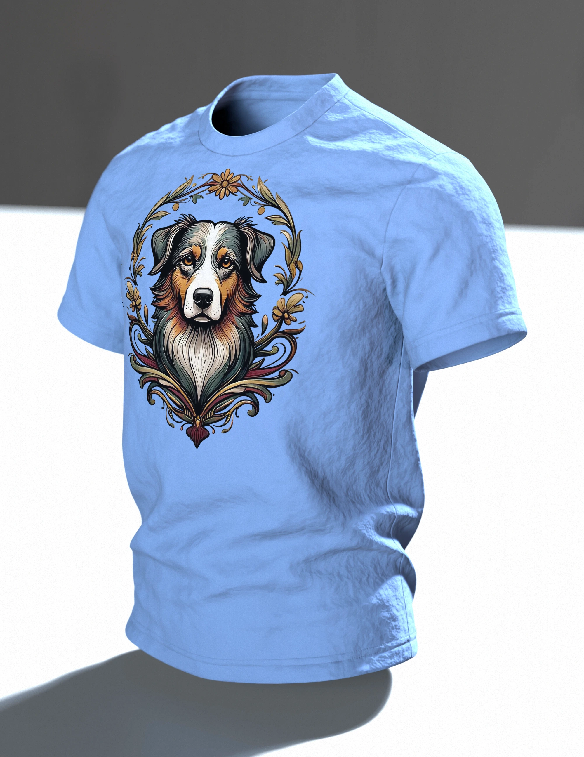 Australian Shepherd T-Shirt, Porträt im Jugendstil-Kranz mit Sonnen-Rücken, Im Raum, schräg