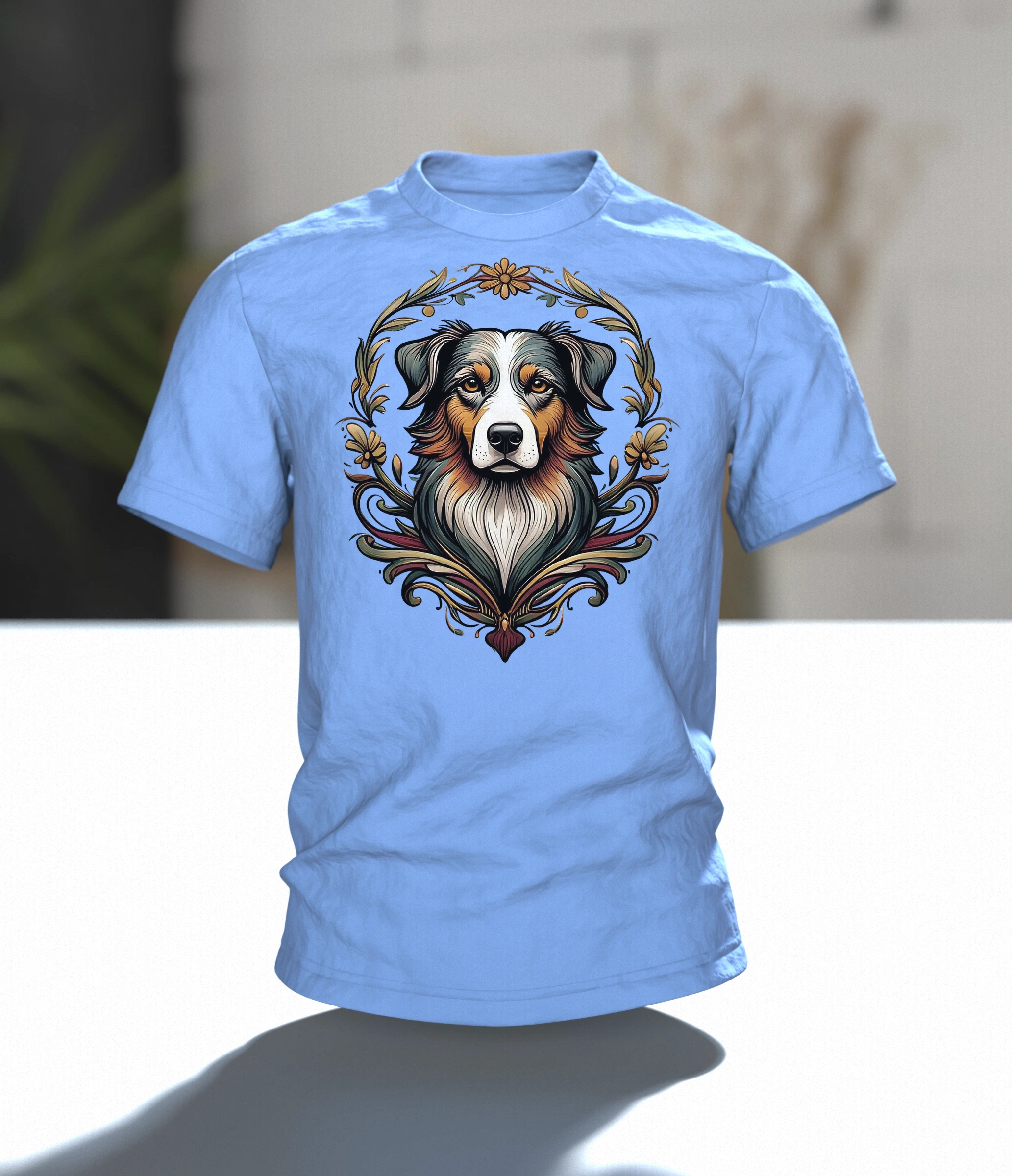 Australian Shepherd T-Shirt, Porträt im Jugendstil-Kranz mit Sonnen-Rücken, Im Raum