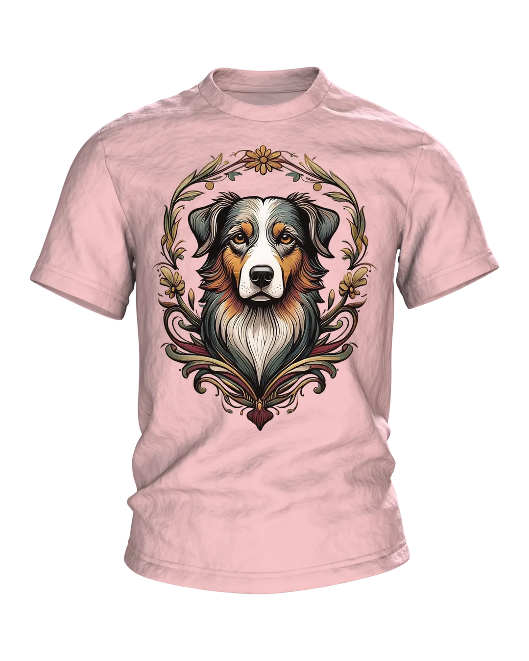 Australian Shepherd T-Shirt, Porträt im Jugendstil-Kranz mit Sonnen-Rücken