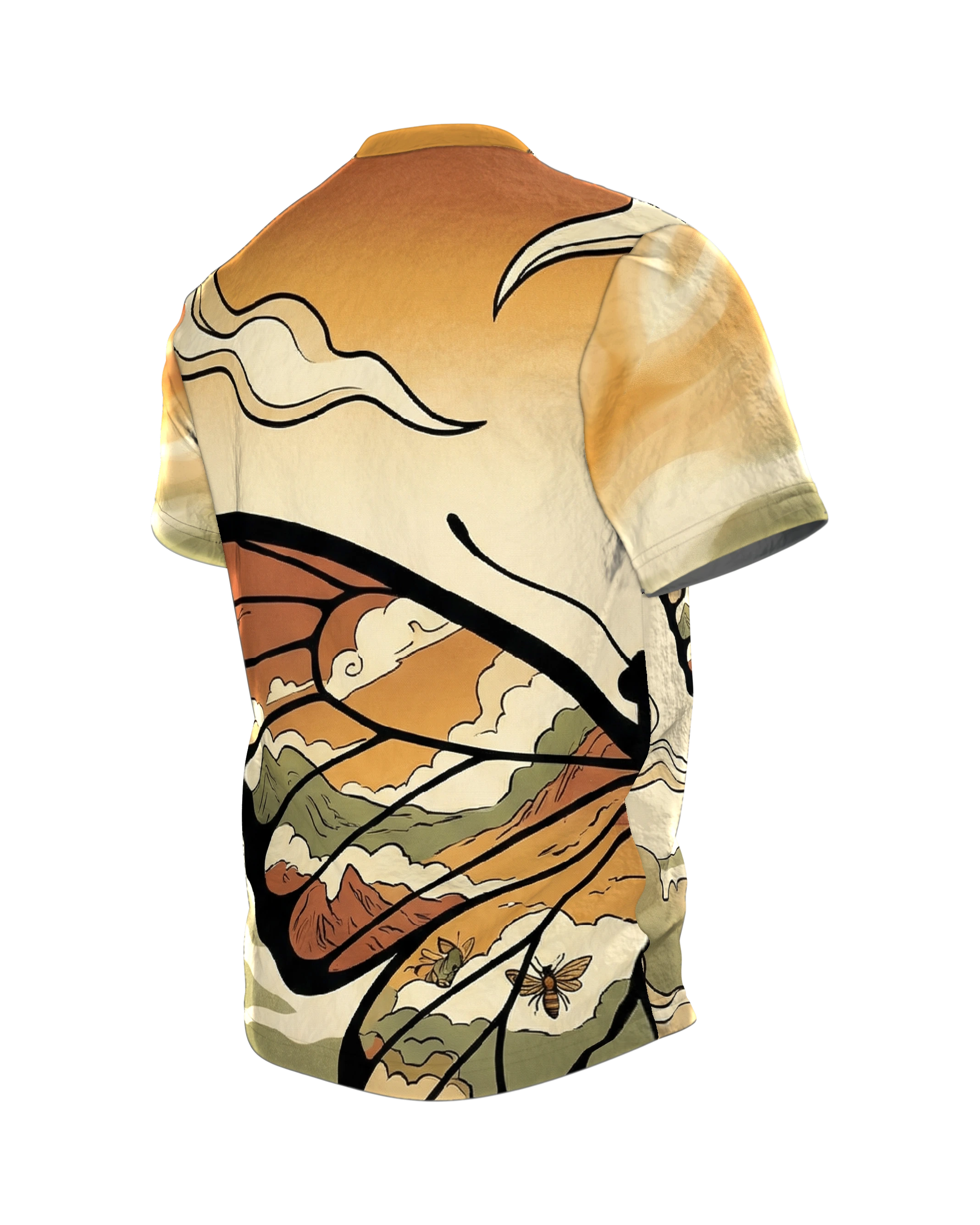 Schmetterling Ukiyo-e T-Shirt, Flügel voller Landschaften am Abendhimmel als Allover, Rückseite schräg links