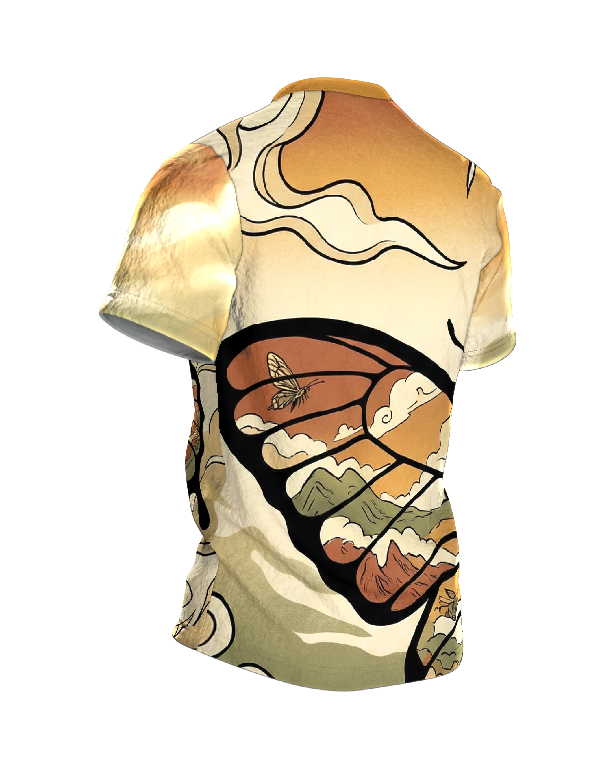 Schmetterling Ukiyo-e T-Shirt, Flügel voller Landschaften am Abendhimmel als Allover, Rückseite schräg rechts