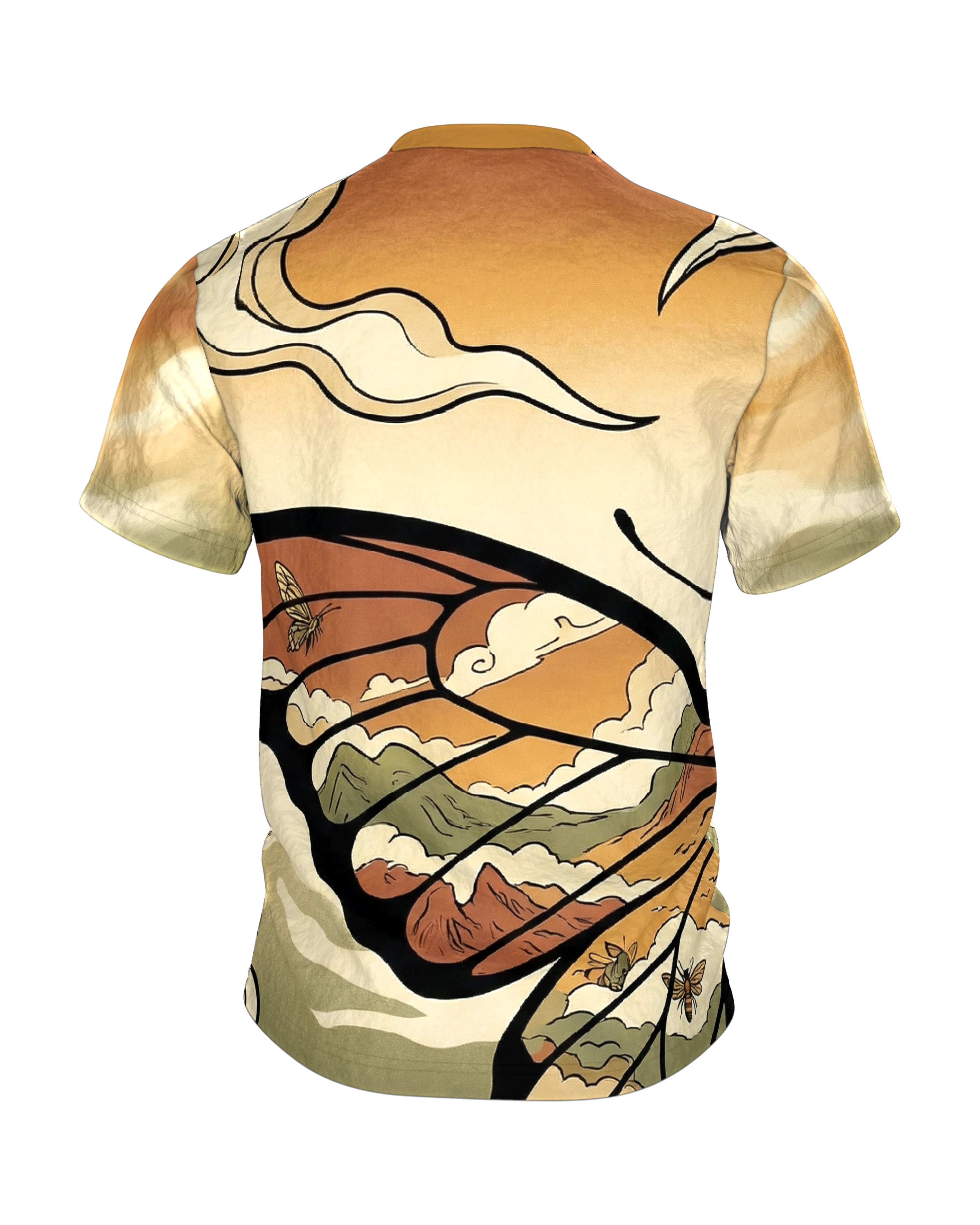Schmetterling Ukiyo-e T-Shirt, Flügel voller Landschaften am Abendhimmel als Allover, Rückseite