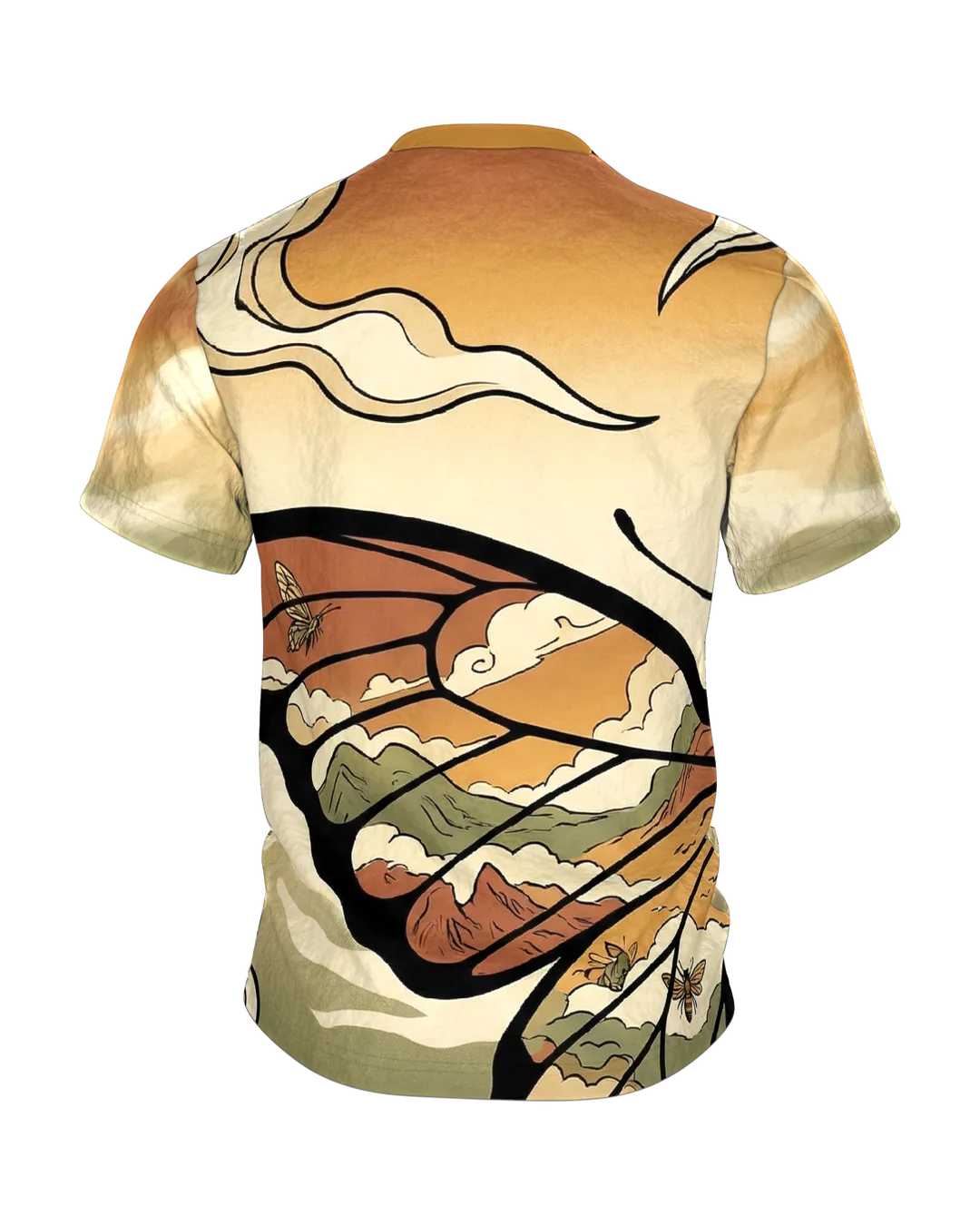 Schmetterling Ukiyo-e T-Shirt, Flügel voller Landschaften am Abendhimmel als Allover, Rückseite