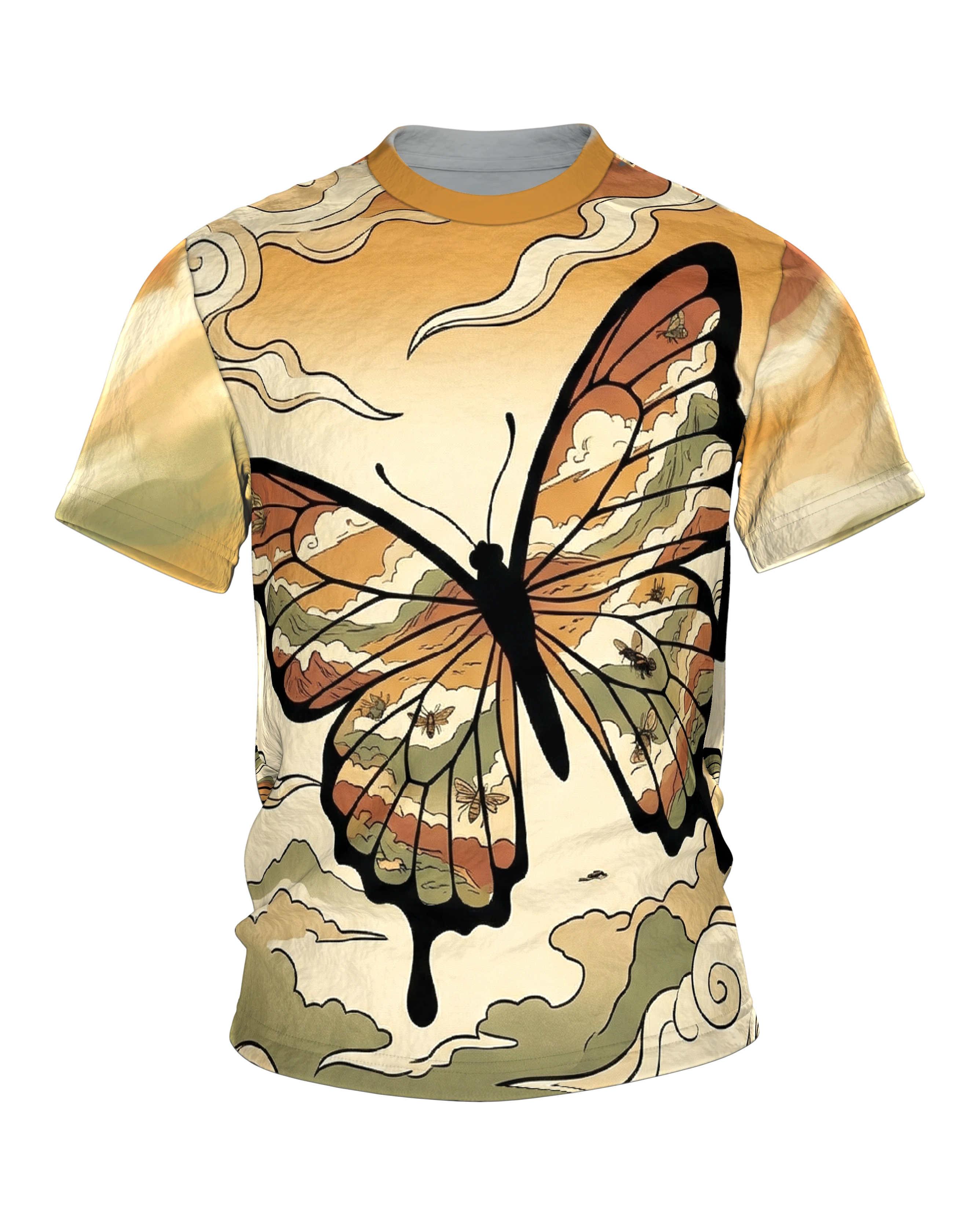 Schmetterling Ukiyo-e T-Shirt, Flügel voller Landschaften am Abendhimmel als Allover