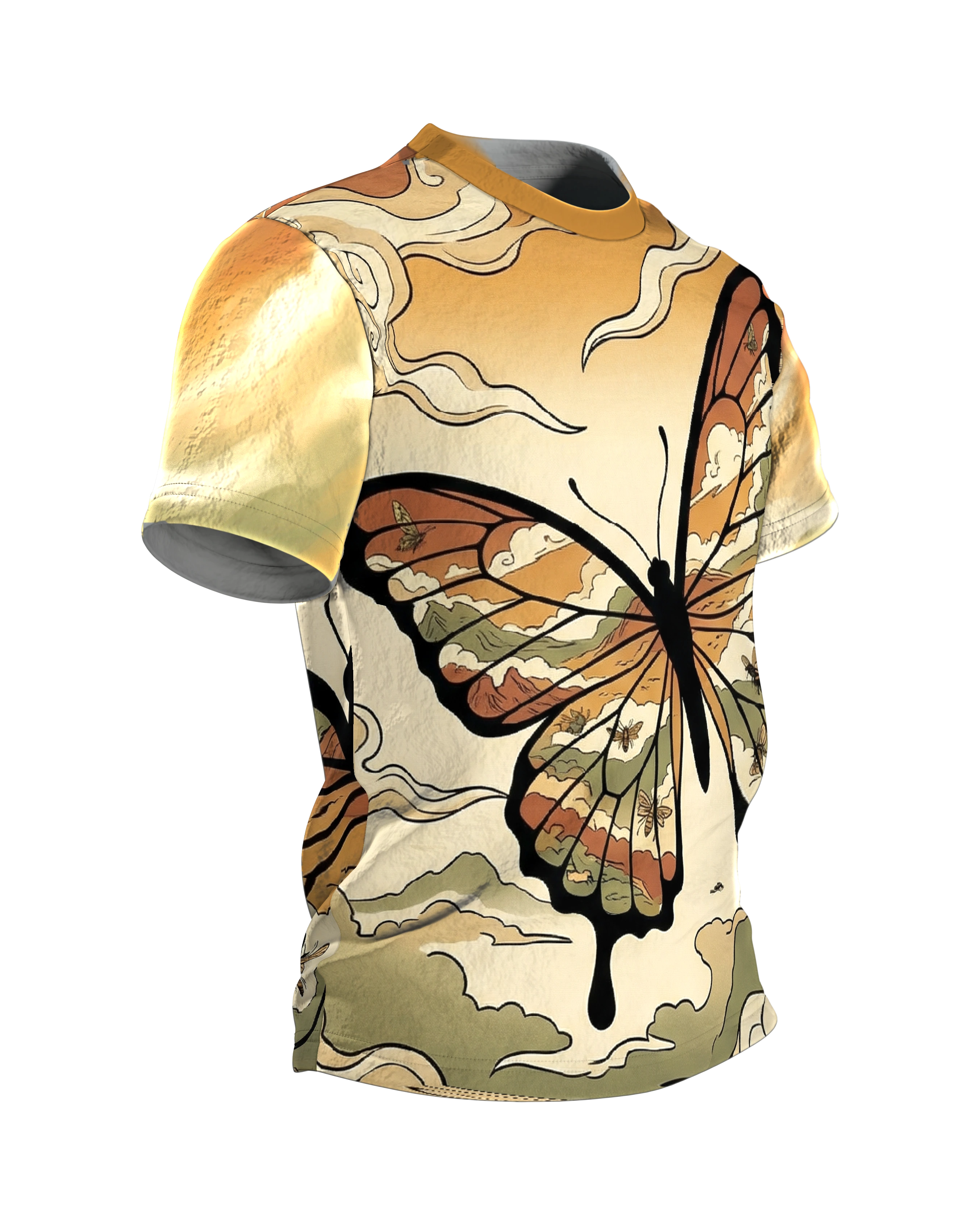 Schmetterling Ukiyo-e T-Shirt, Flügel voller Landschaften am Abendhimmel als Allover, Seitenansicht links