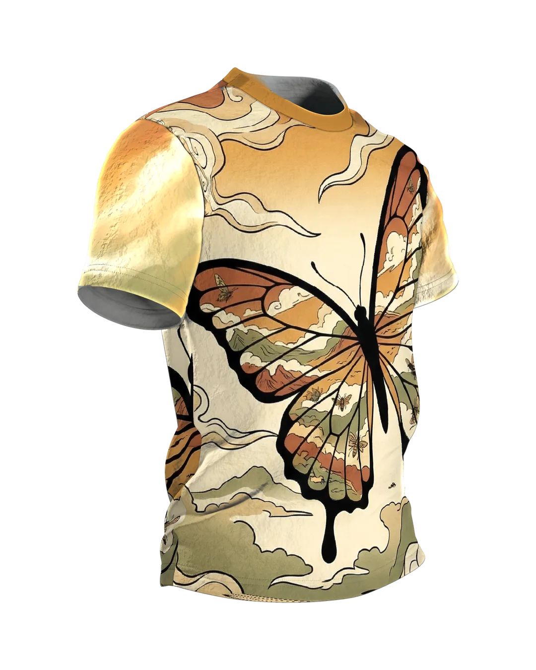 Schmetterling Ukiyo-e T-Shirt, Flügel voller Landschaften am Abendhimmel als Allover, Seitenansicht links