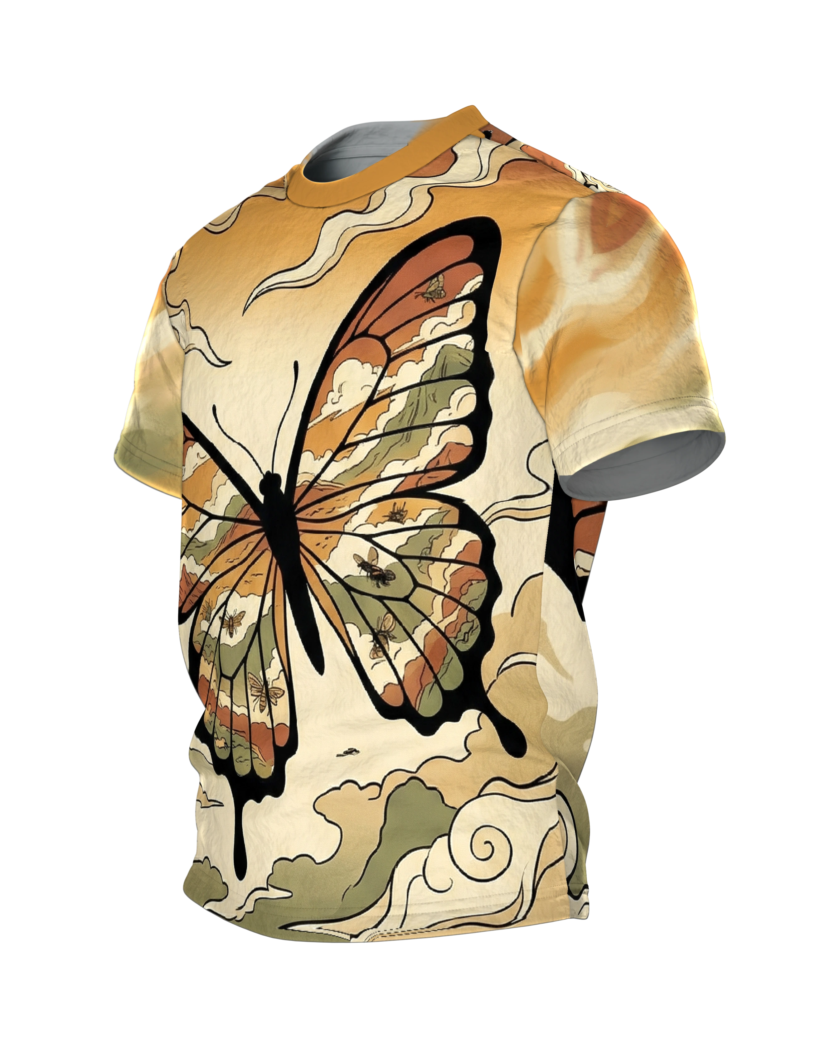 Schmetterling Ukiyo-e T-Shirt, Flügel voller Landschaften am Abendhimmel als Allover, Seitenansicht rechts