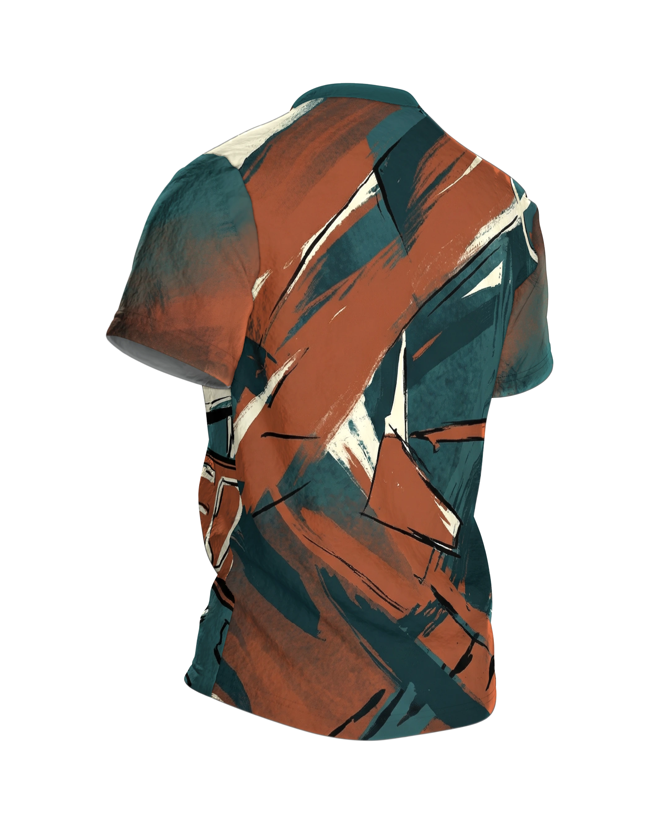 Abstraktes Urban Art T-Shirt, Schilder-Sog mit Schrift-Fragmenten, Pinsel-Collage am Rücken, Rückseite schräg rechts