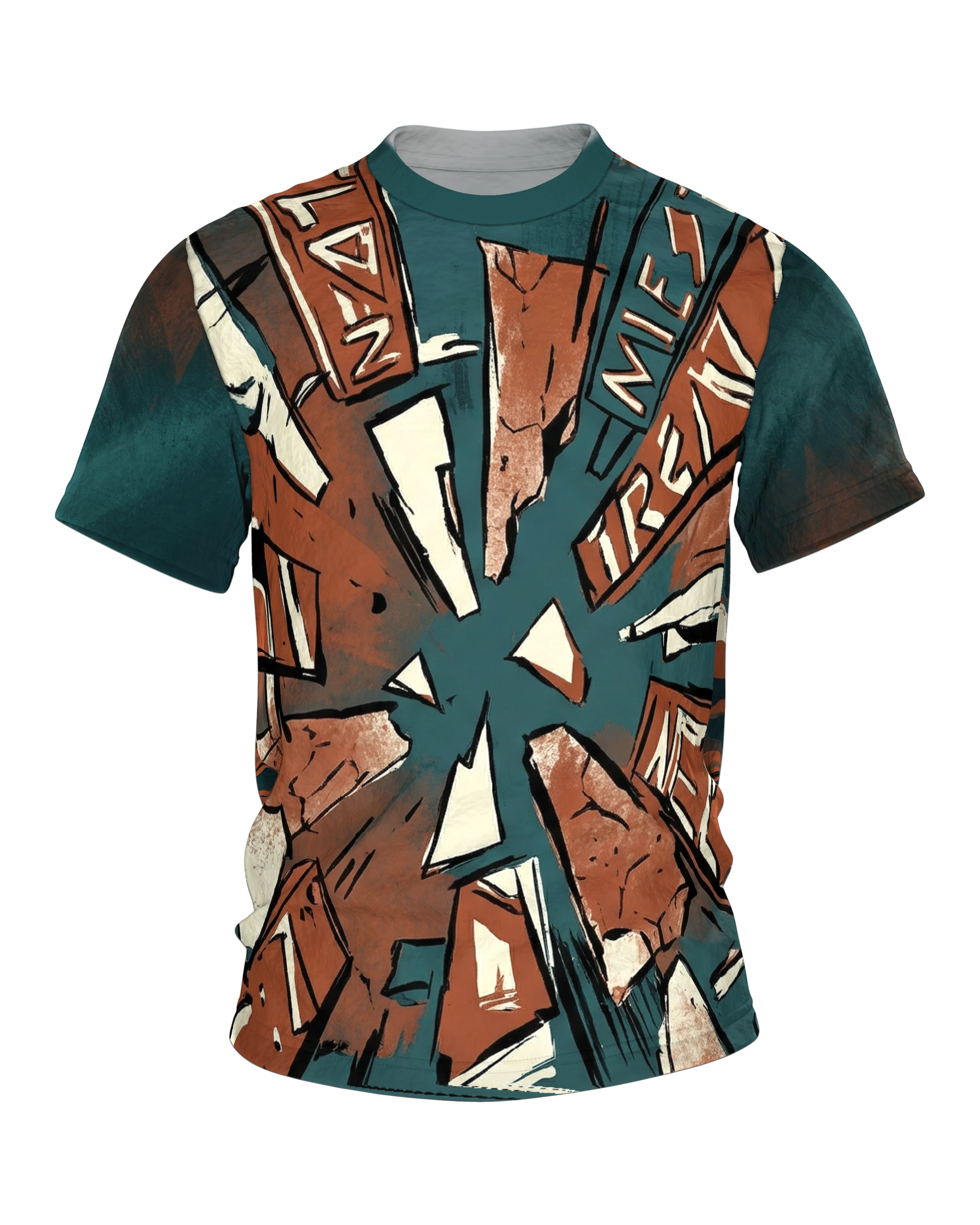Abstraktes Urban Art T-Shirt, Schilder-Sog mit Schrift-Fragmenten, Pinsel-Collage am Rücken