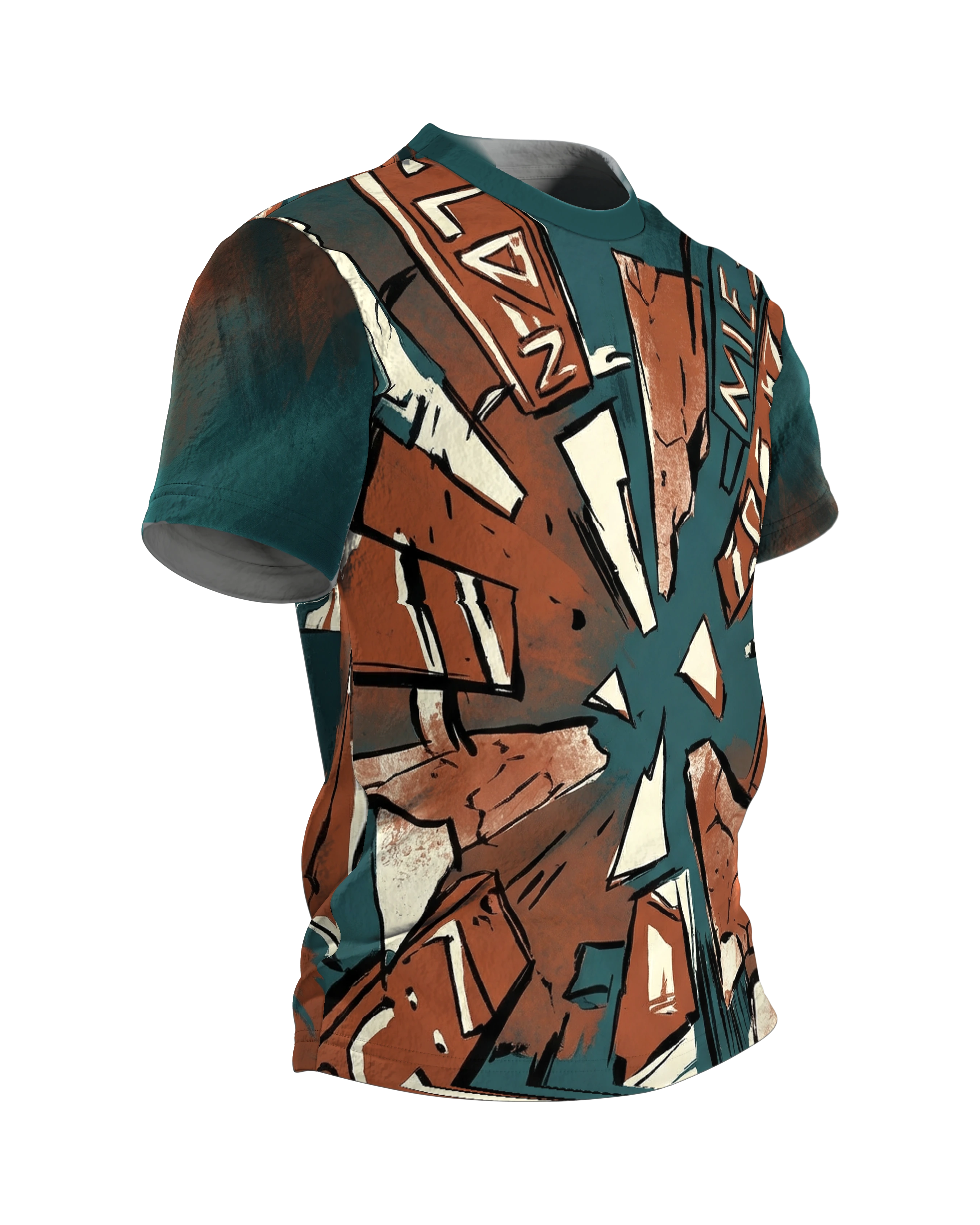 Abstraktes Urban Art T-Shirt, Schilder-Sog mit Schrift-Fragmenten, Pinsel-Collage am Rücken, Seitenansicht links