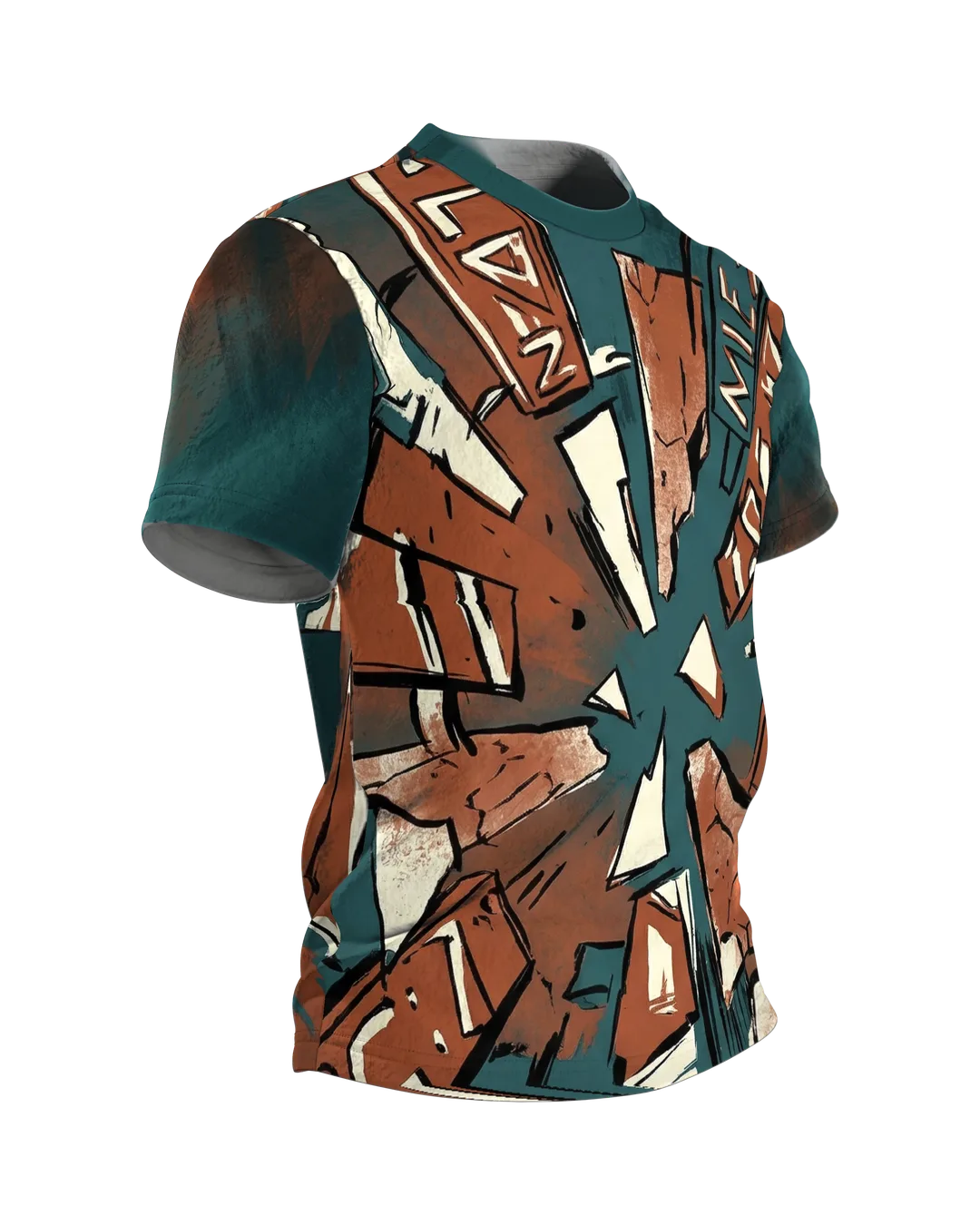 Abstraktes Urban Art T-Shirt, Schilder-Sog mit Schrift-Fragmenten, Pinsel-Collage am Rücken, Seitenansicht links