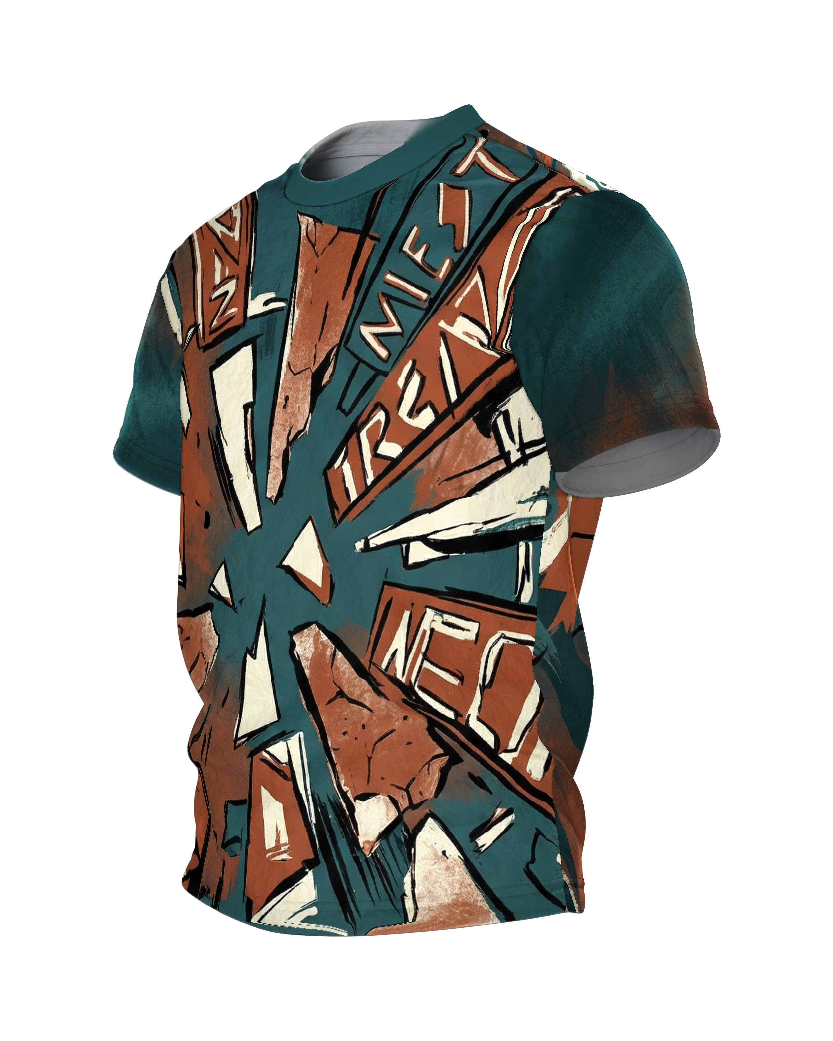 Abstraktes Urban Art T-Shirt, Schilder-Sog mit Schrift-Fragmenten, Pinsel-Collage am Rücken, Seitenansicht rechts