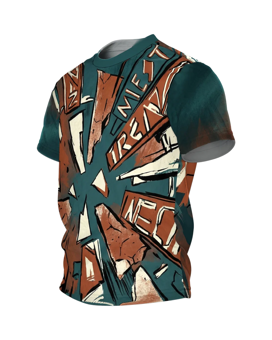 Abstraktes Urban Art T-Shirt, Schilder-Sog mit Schrift-Fragmenten, Pinsel-Collage am Rücken, Seitenansicht rechts