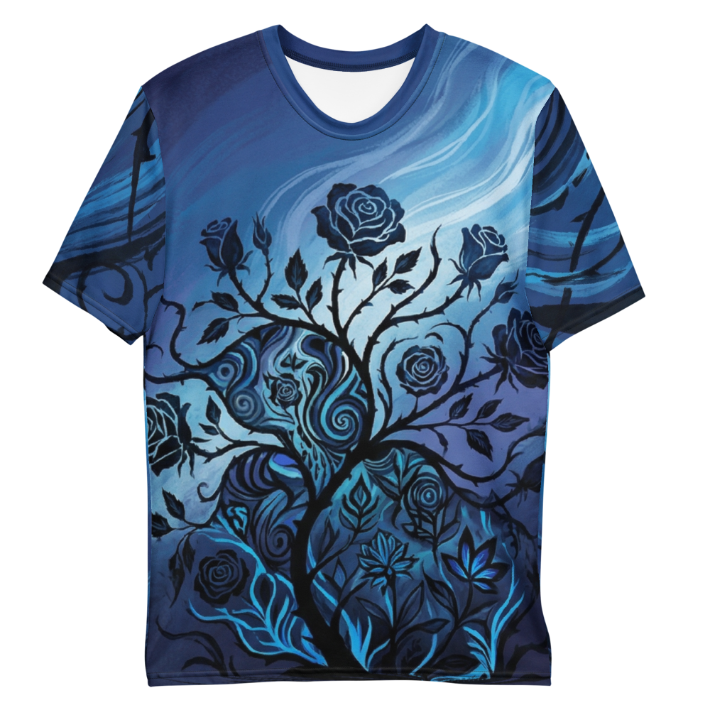 Mystische Blaue Rose T-Shirt – Dornen & Wirbel