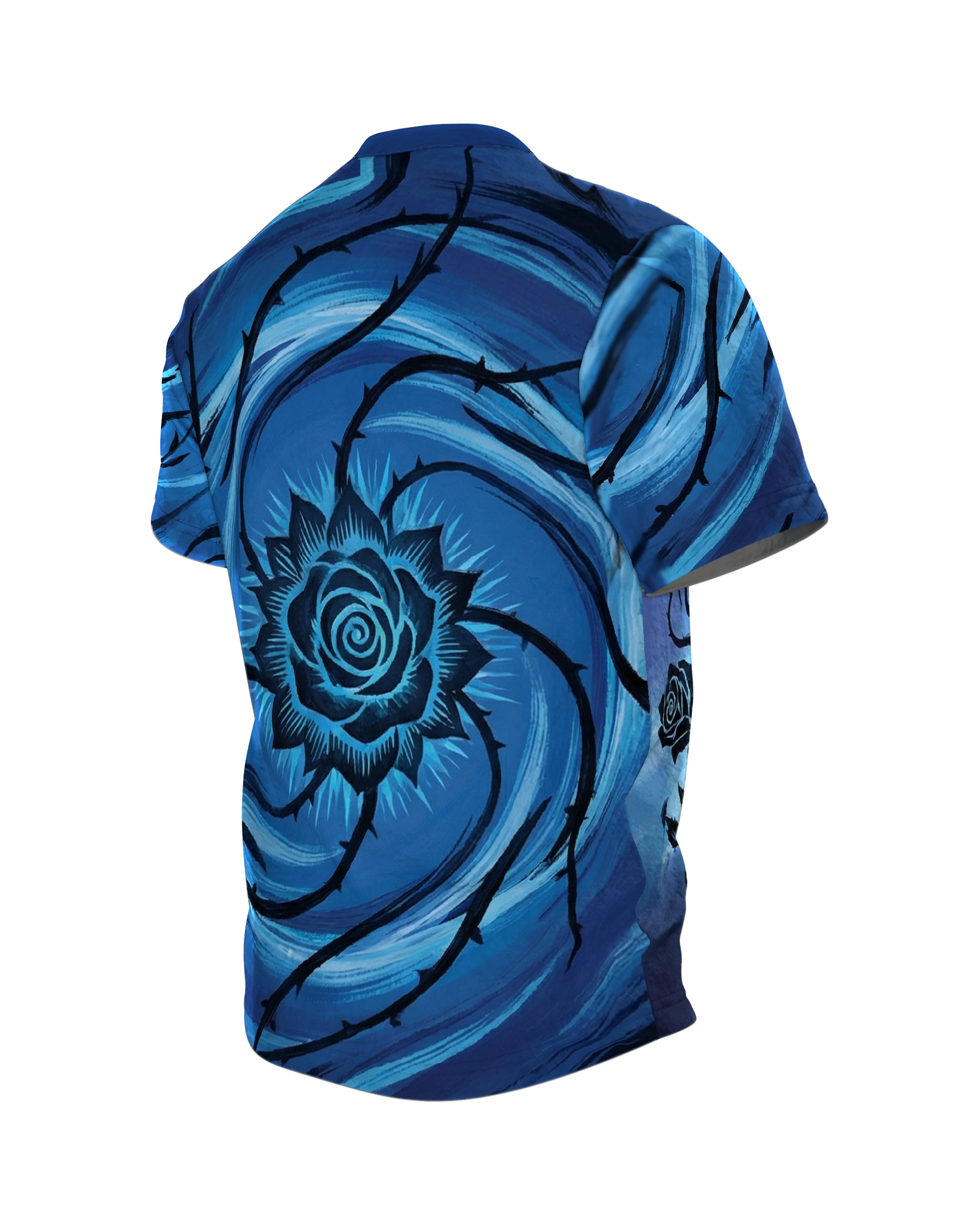Mystische Blaue Rose T-Shirt: Dornen & Wirbel, Rückseite schräg links