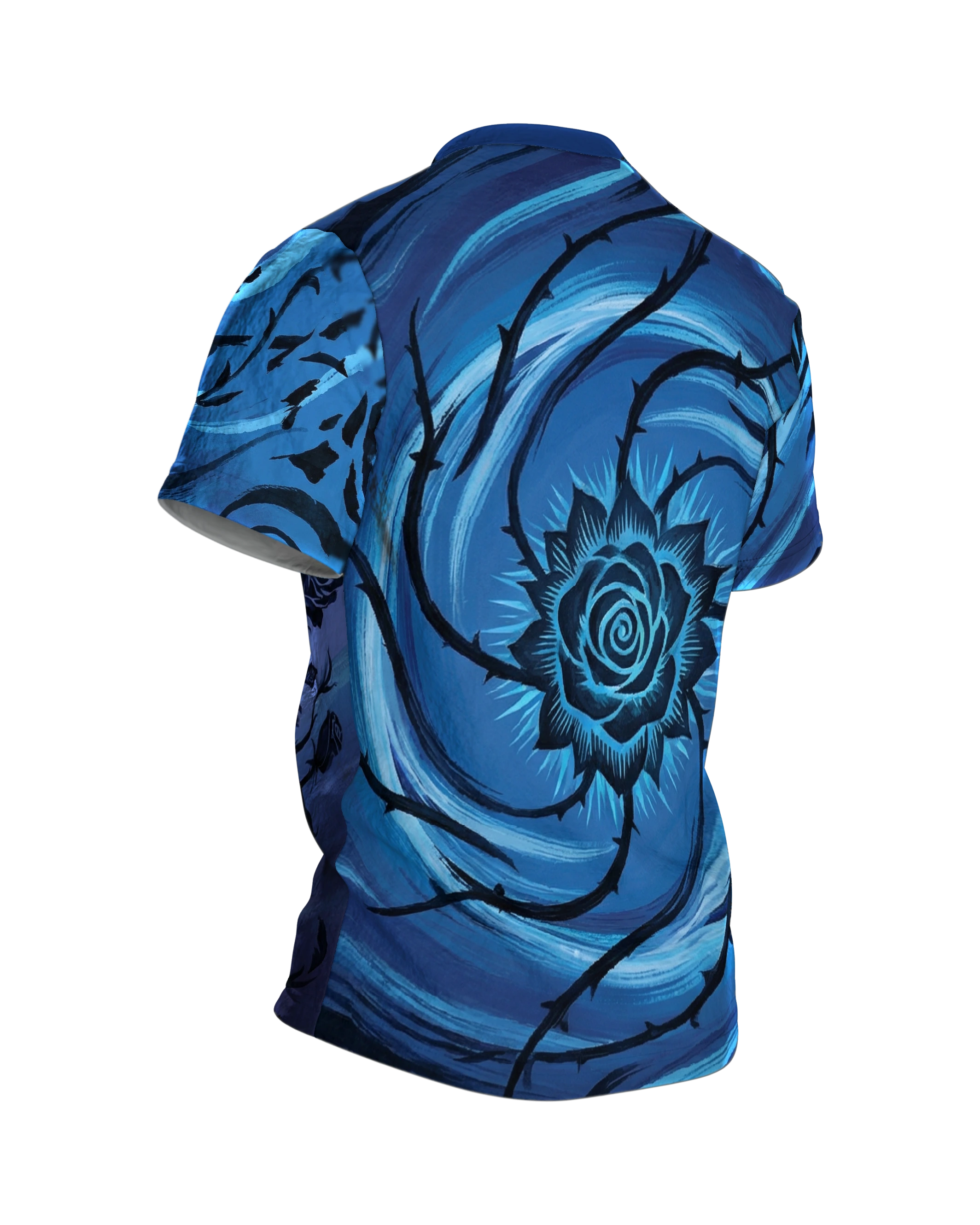 Mystische Blaue Rose T-Shirt: Dornen & Wirbel, Rückseite schräg rechts