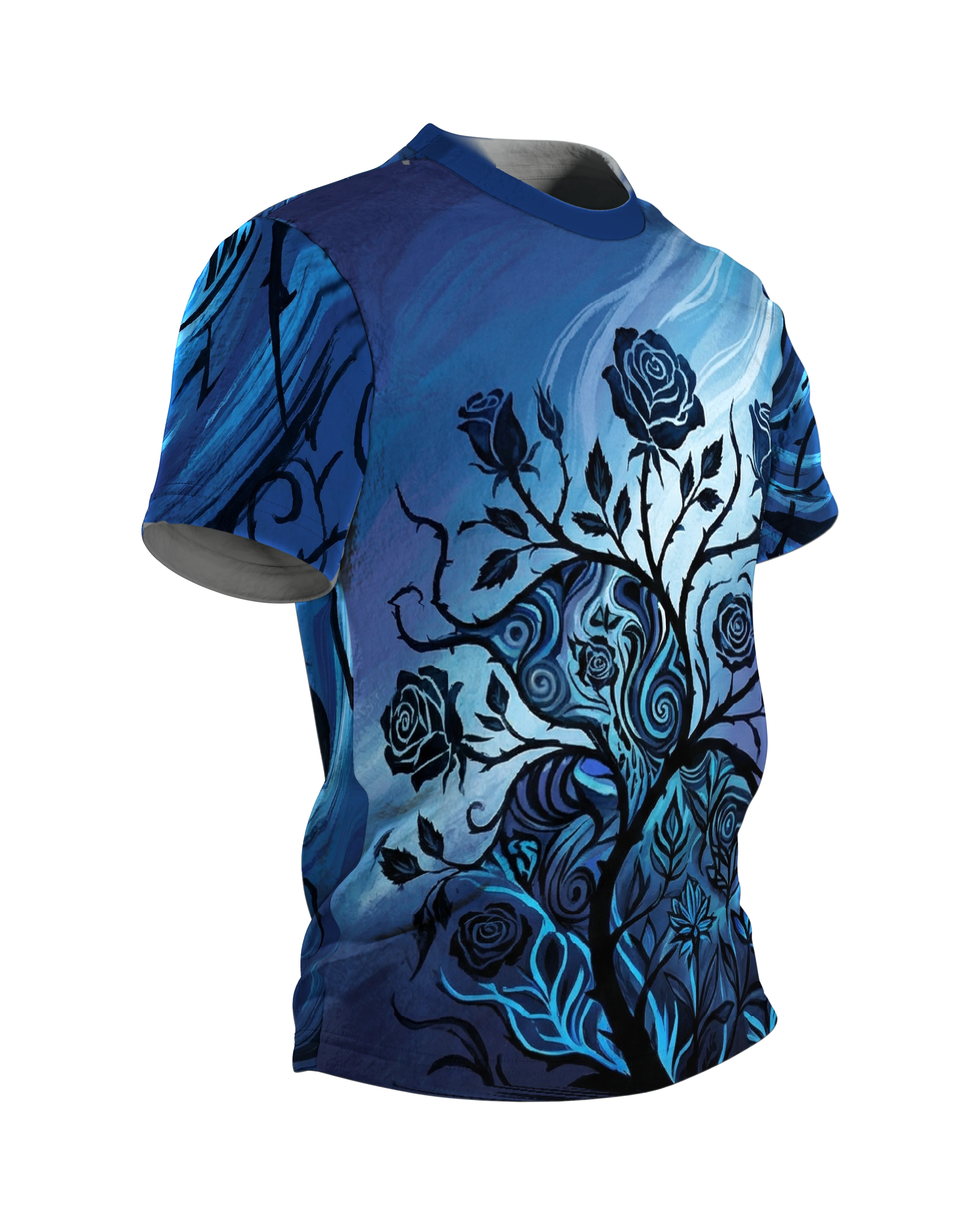 Mystische Blaue Rose T-Shirt: Dornen & Wirbel, Seitenansicht links