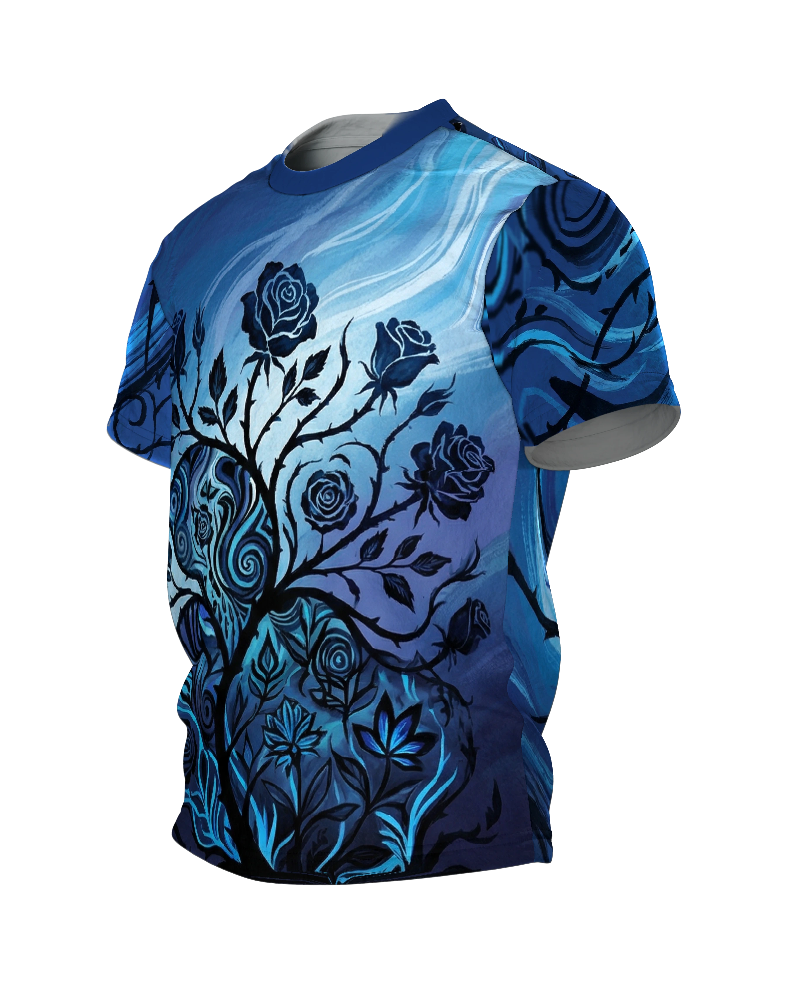 Mystische Blaue Rose T-Shirt: Dornen & Wirbel, Seitenansicht rechts