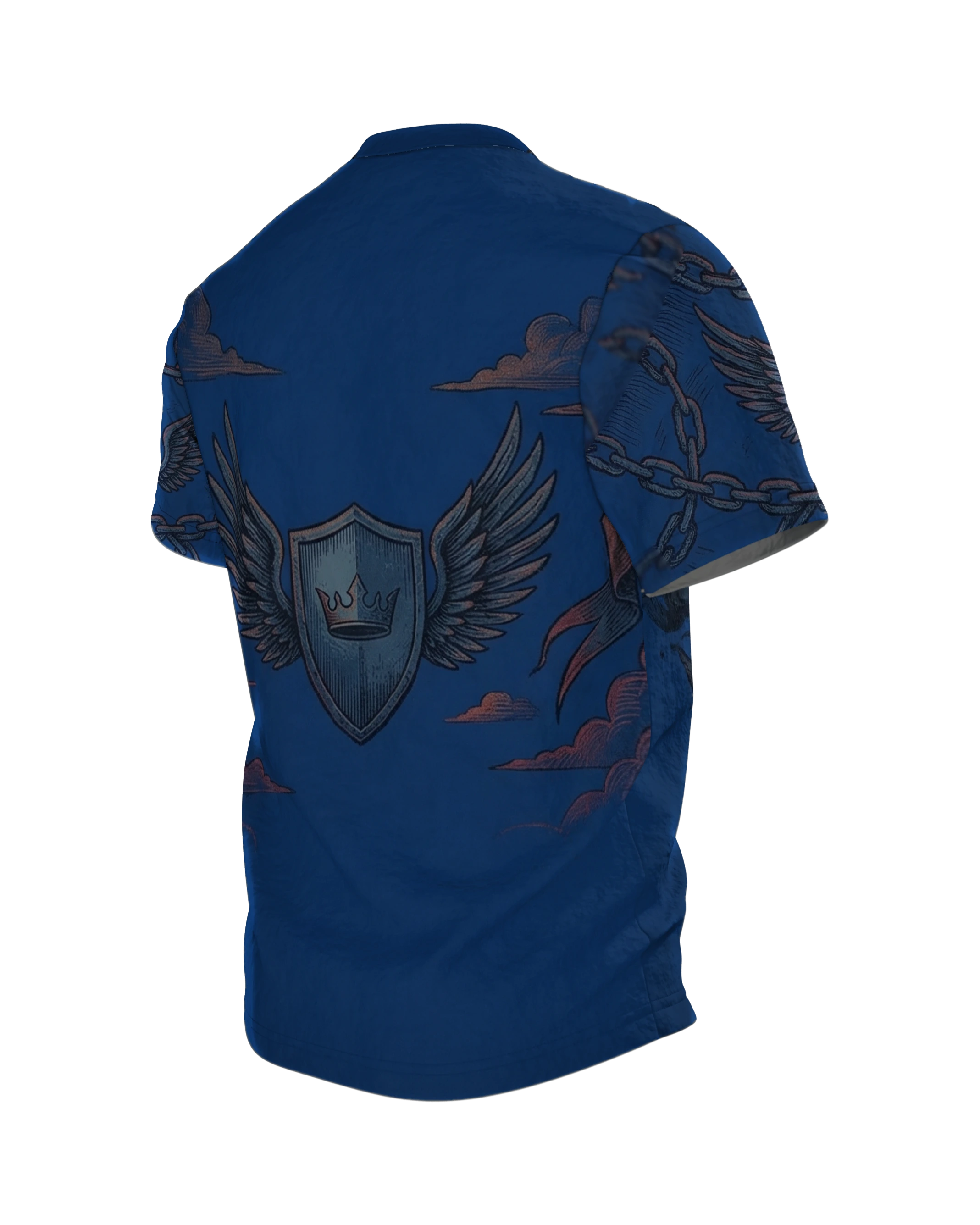 Kreuzritter Krone T-Shirt, brennender Helm mit gestürzten Türmen vorn, geflügeltes Schild-Emblem am Rücken, Rückseite schräg links