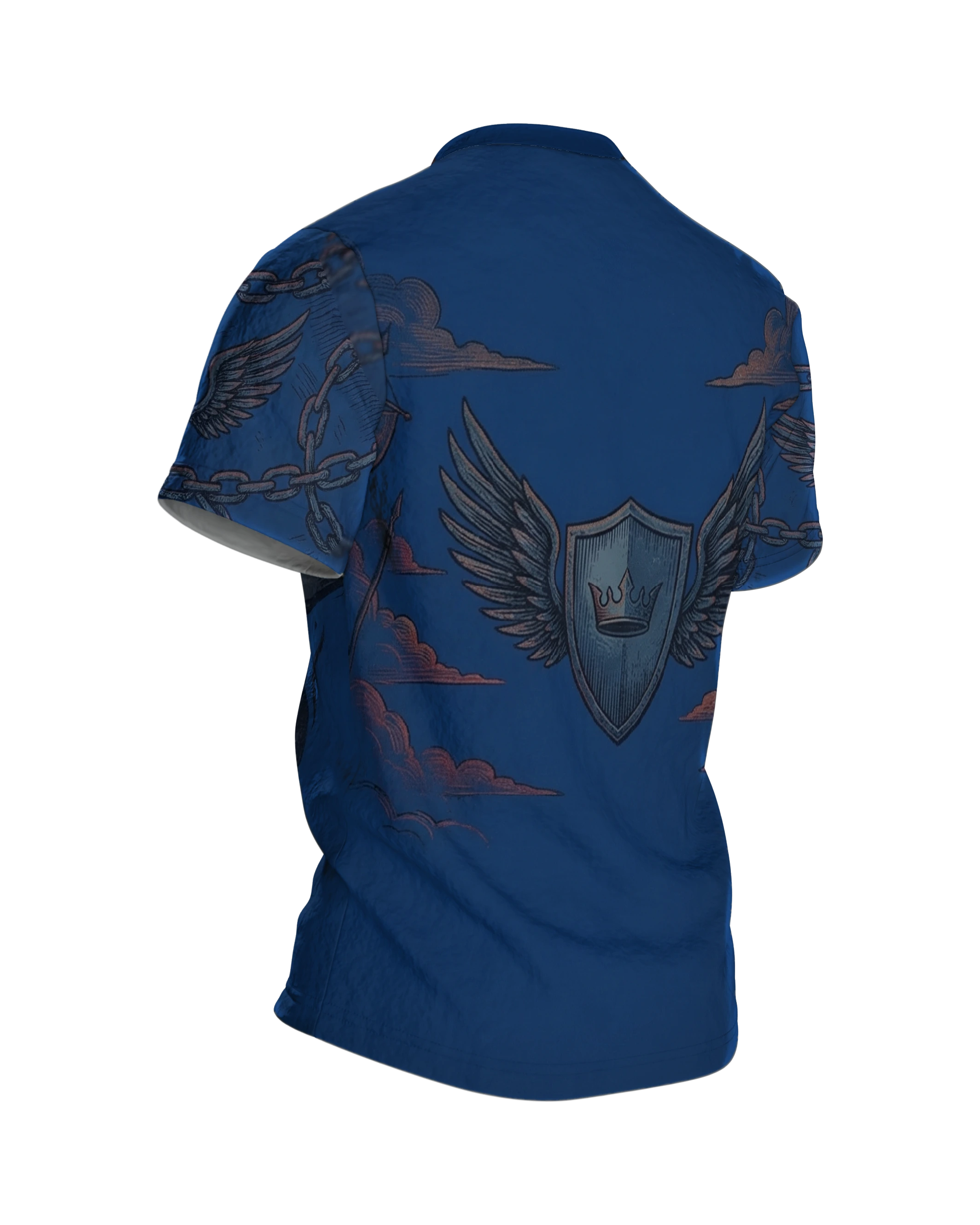 Kreuzritter Krone T-Shirt, brennender Helm mit gestürzten Türmen vorn, geflügeltes Schild-Emblem am Rücken, Rückseite schräg rechts