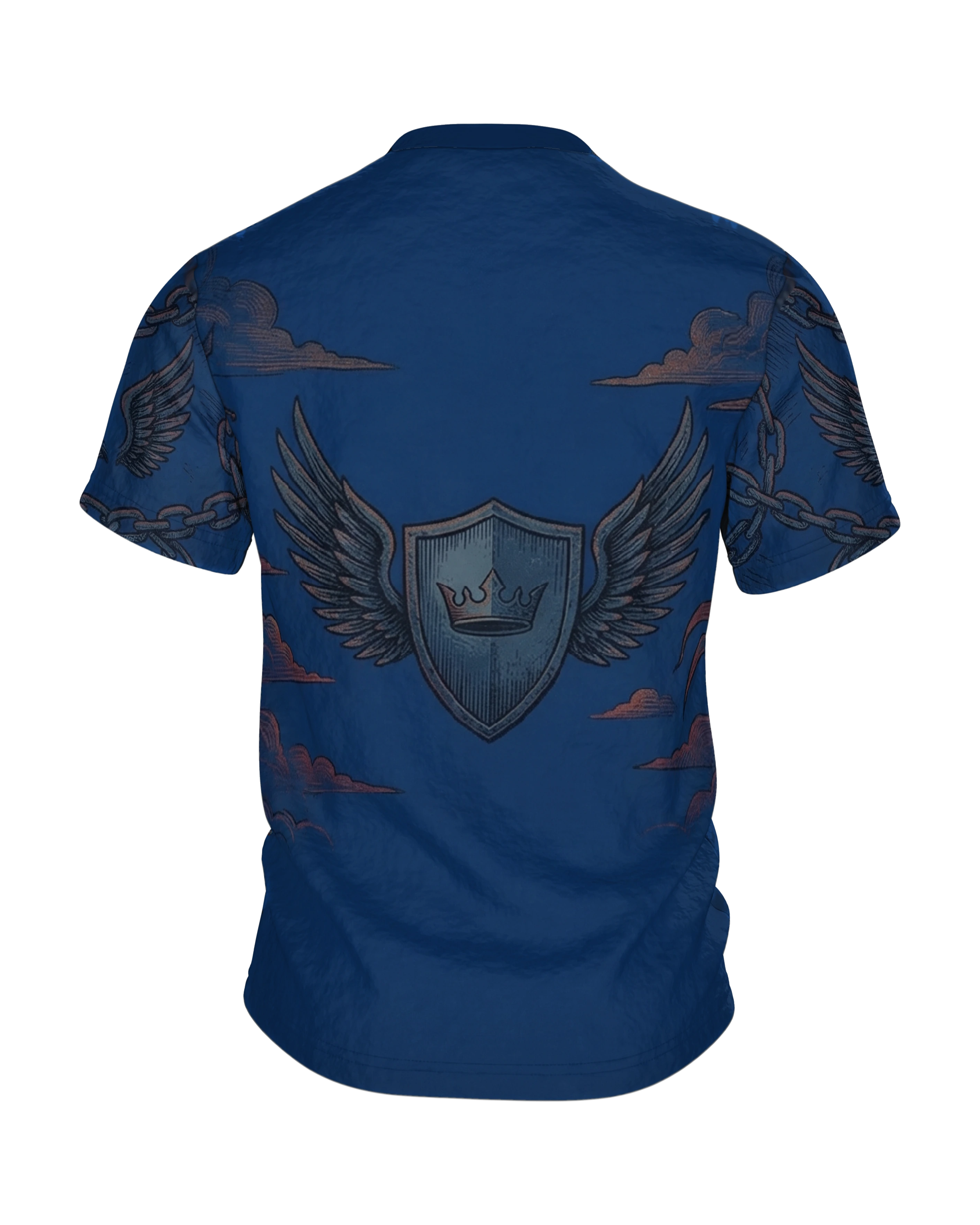 Kreuzritter Krone T-Shirt, brennender Helm mit gestürzten Türmen vorn, geflügeltes Schild-Emblem am Rücken, Rückseite