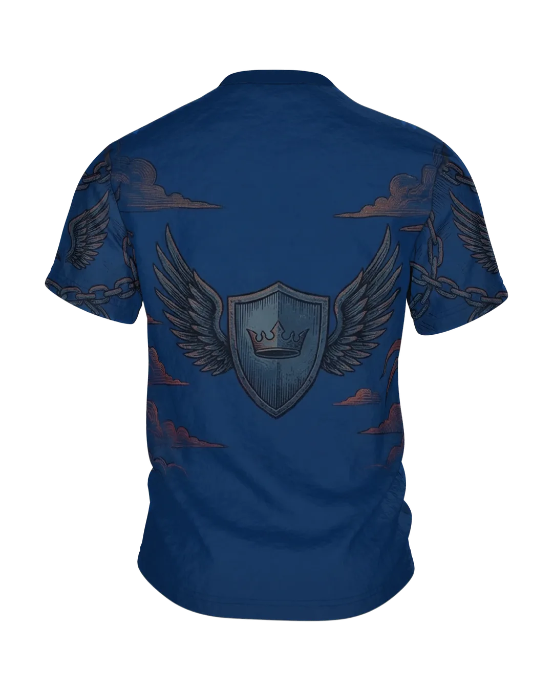 Kreuzritter Krone T-Shirt, brennender Helm mit gestürzten Türmen vorn, geflügeltes Schild-Emblem am Rücken, Rückseite