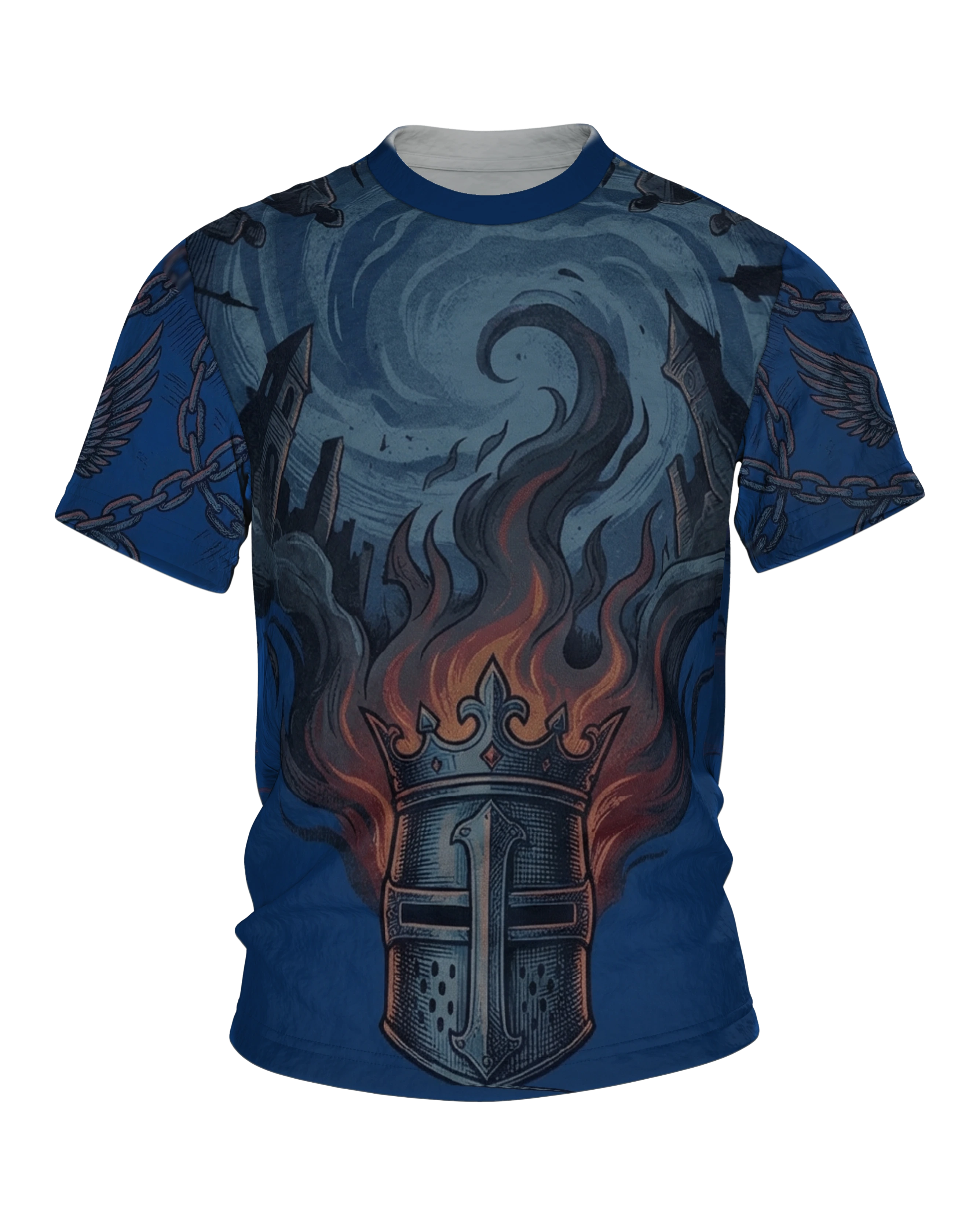 Kreuzritter Krone T-Shirt, brennender Helm mit gestürzten Türmen vorn, geflügeltes Schild-Emblem am Rücken