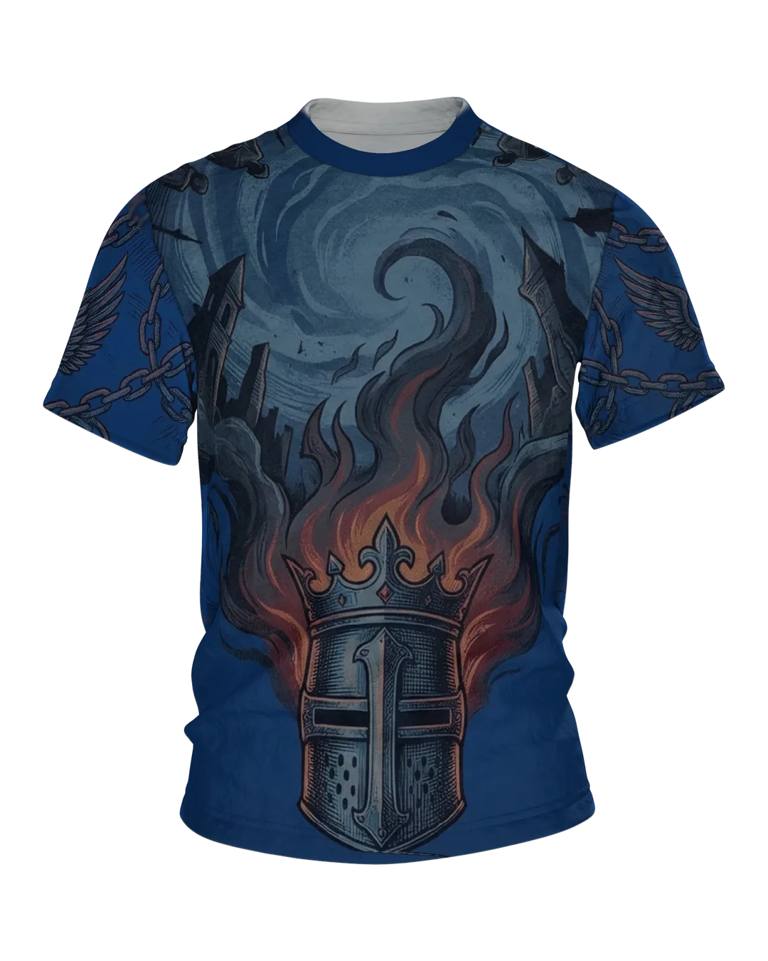 Kreuzritter Krone T-Shirt, brennender Helm mit gestürzten Türmen vorn, geflügeltes Schild-Emblem am Rücken