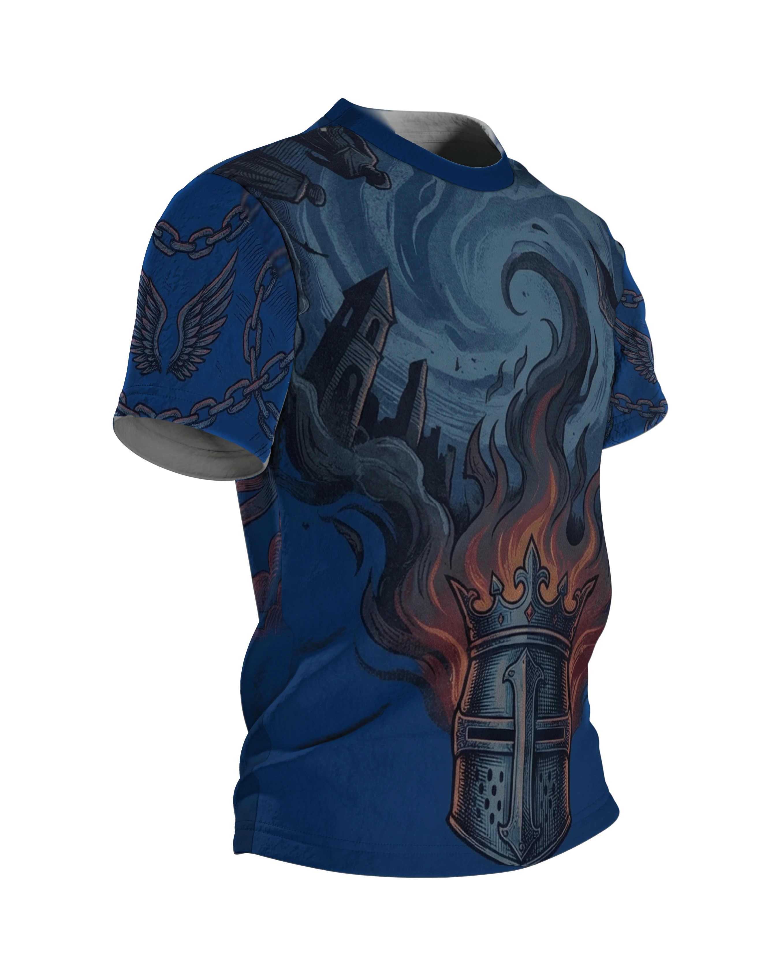 Kreuzritter Krone T-Shirt, brennender Helm mit gestürzten Türmen vorn, geflügeltes Schild-Emblem am Rücken, Seitenansicht links