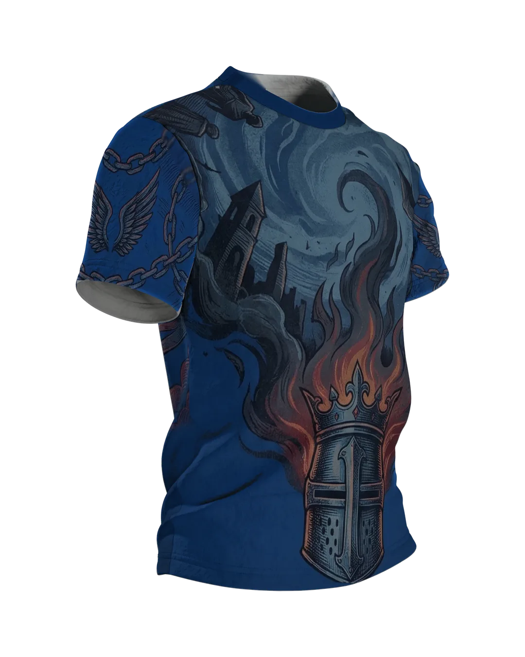 Kreuzritter Krone T-Shirt, brennender Helm mit gestürzten Türmen vorn, geflügeltes Schild-Emblem am Rücken, Seitenansicht links