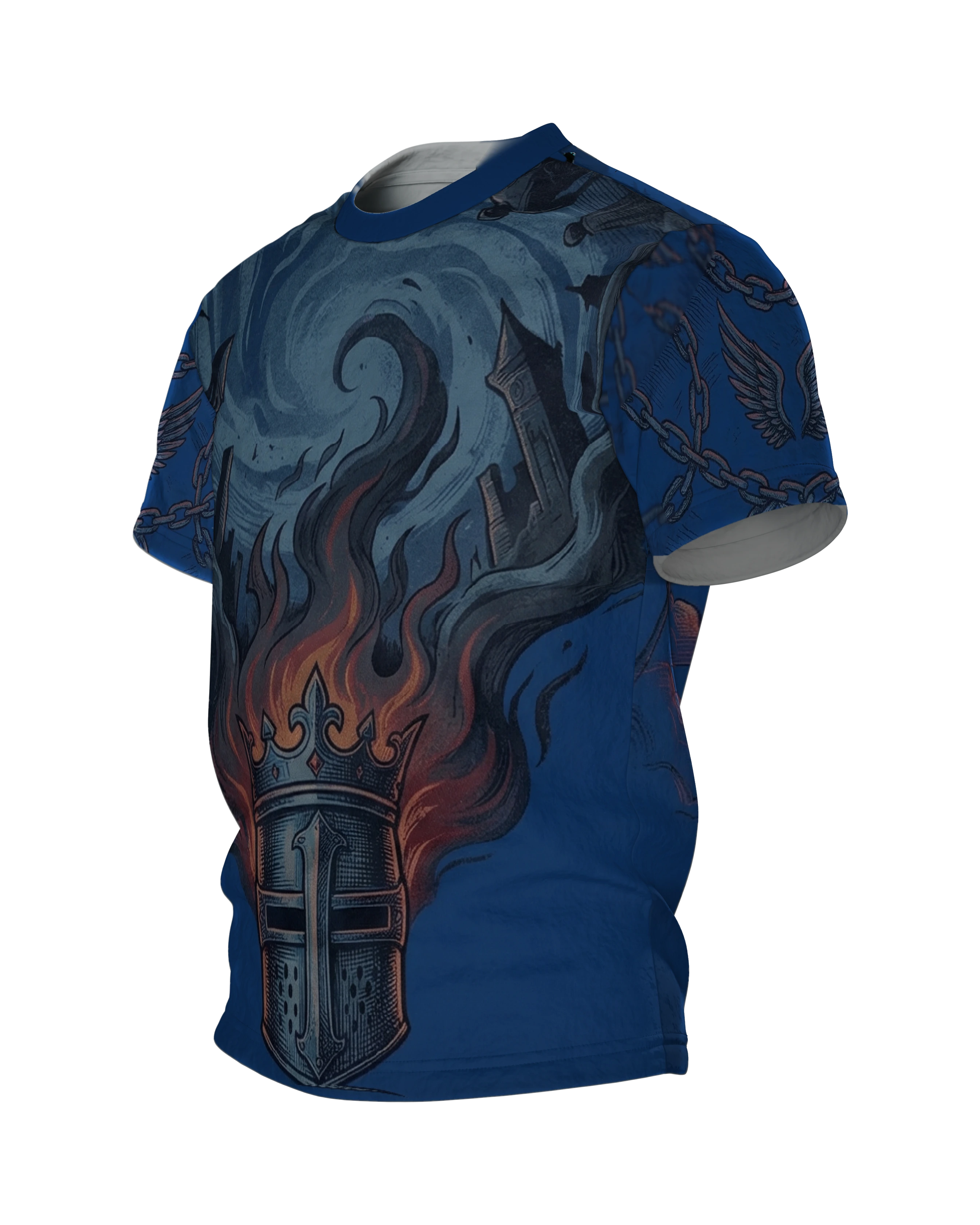 Kreuzritter Krone T-Shirt, brennender Helm mit gestürzten Türmen vorn, geflügeltes Schild-Emblem am Rücken, Seitenansicht rechts
