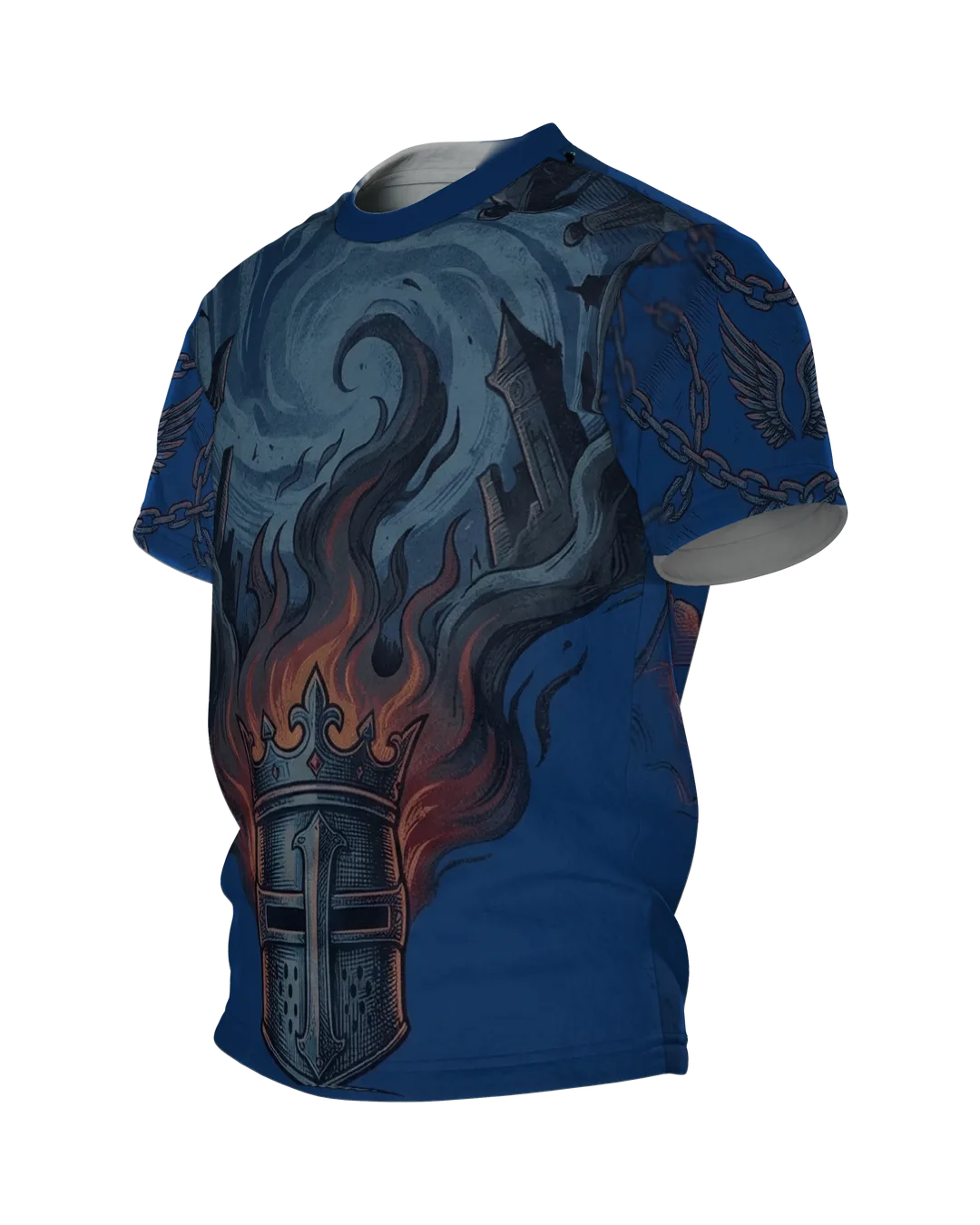 Kreuzritter Krone T-Shirt, brennender Helm mit gestürzten Türmen vorn, geflügeltes Schild-Emblem am Rücken, Seitenansicht rechts