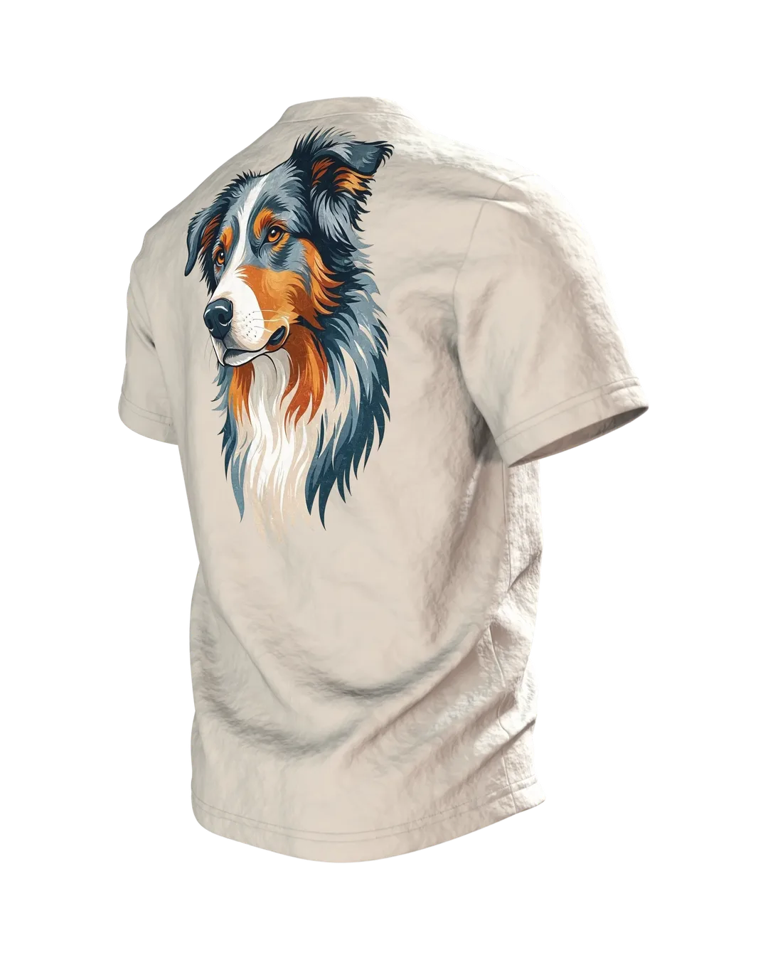 Australian Shepherd T-Shirt mit zwei Riso-Porträts, wacher Blick vorn, stiller Blick am Rücken, Rückseite schräg links