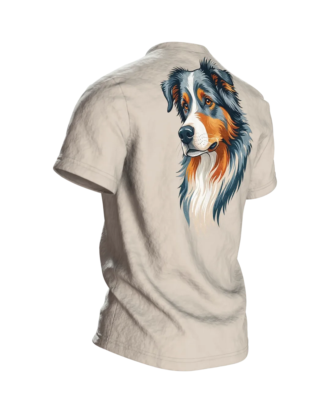 Australian Shepherd T-Shirt mit zwei Riso-Porträts, wacher Blick vorn, stiller Blick am Rücken, Rückseite schräg rechts