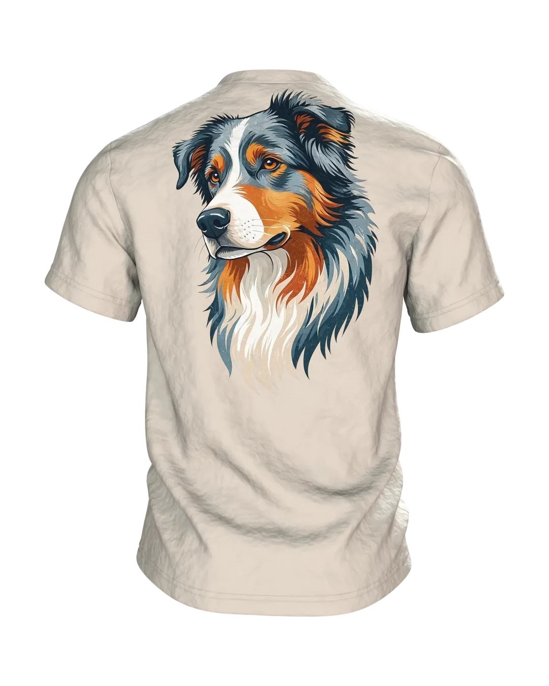 Australian Shepherd T-Shirt mit zwei Riso-Porträts, wacher Blick vorn, stiller Blick am Rücken, Rückseite