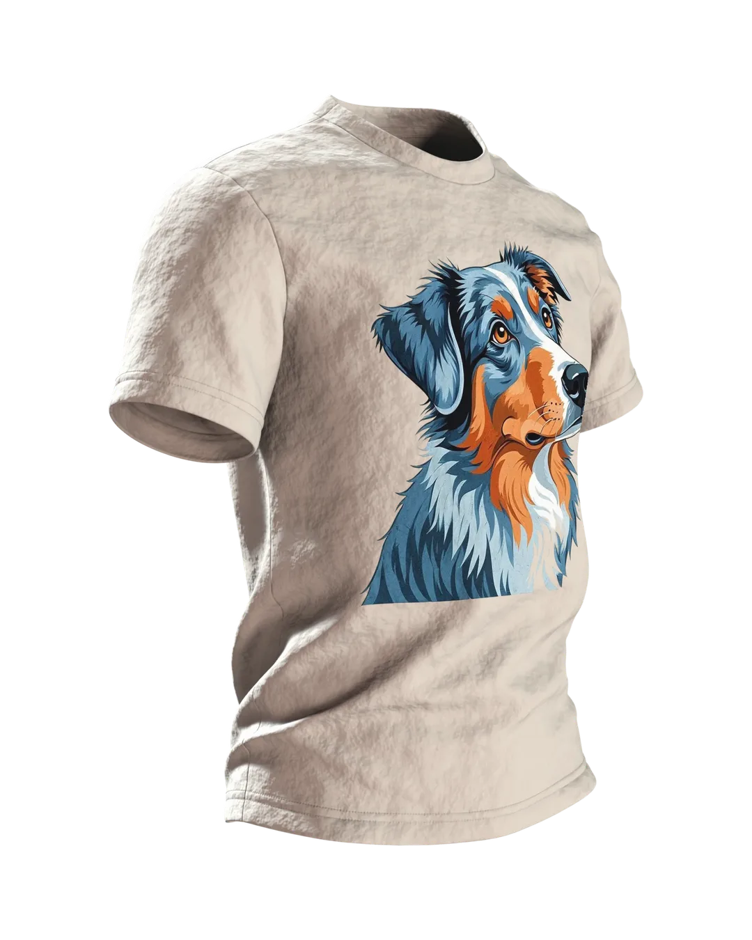 Australian Shepherd T-Shirt mit zwei Riso-Porträts, wacher Blick vorn, stiller Blick am Rücken, Seitenansicht links