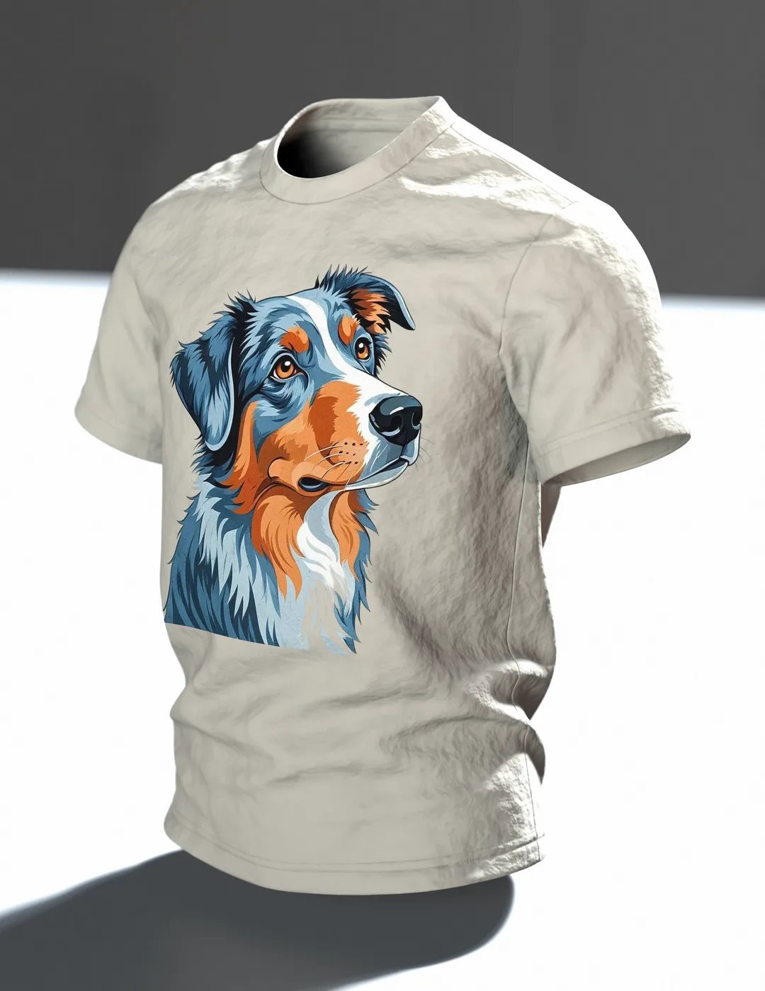 Australian Shepherd T-Shirt mit zwei Riso-Porträts, wacher Blick vorn, stiller Blick am Rücken, Im Raum, schräg