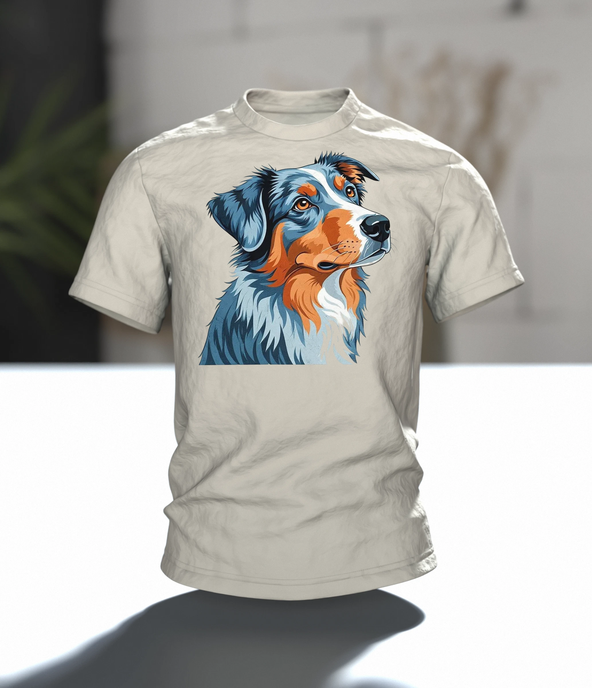 Australian Shepherd T-Shirt mit zwei Riso-Porträts, wacher Blick vorn, stiller Blick am Rücken, Im Raum