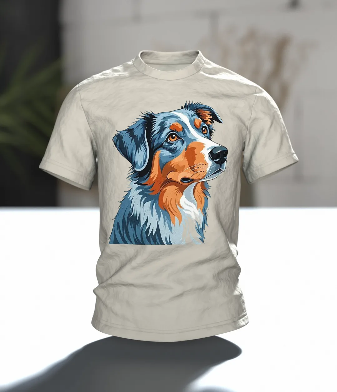 Australian Shepherd T-Shirt mit zwei Riso-Porträts, wacher Blick vorn, stiller Blick am Rücken, Im Raum