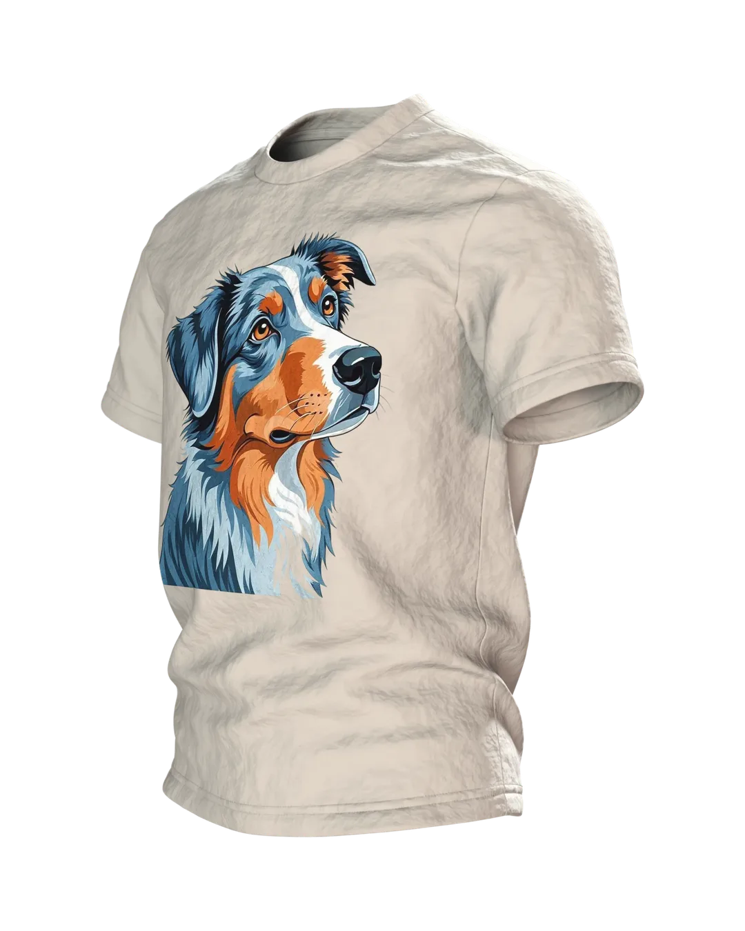 Australian Shepherd T-Shirt mit zwei Riso-Porträts, wacher Blick vorn, stiller Blick am Rücken, Seitenansicht rechts